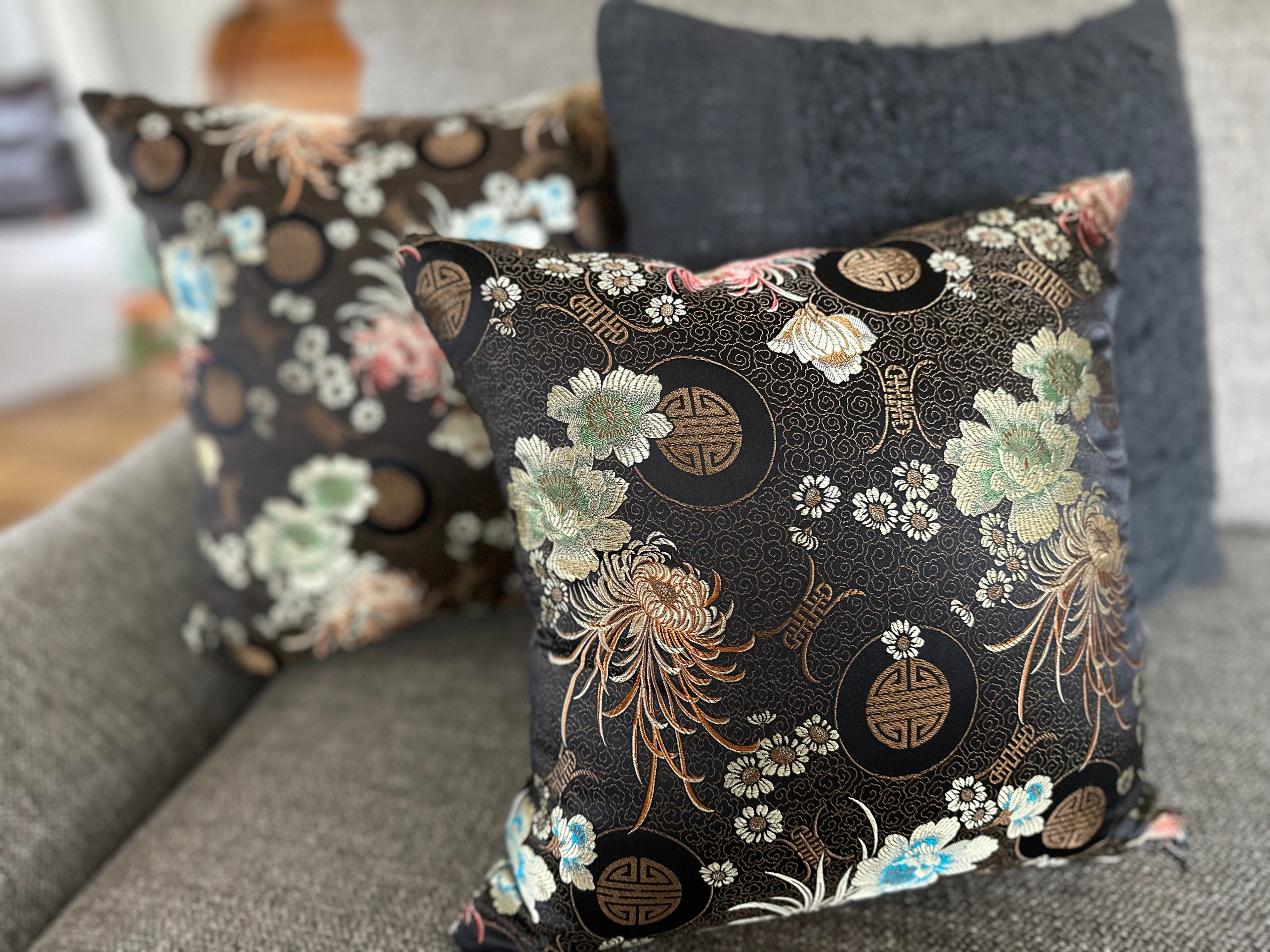 Midnight Garden in Bloom- Chinoiserie Floral Brocade Pillows
