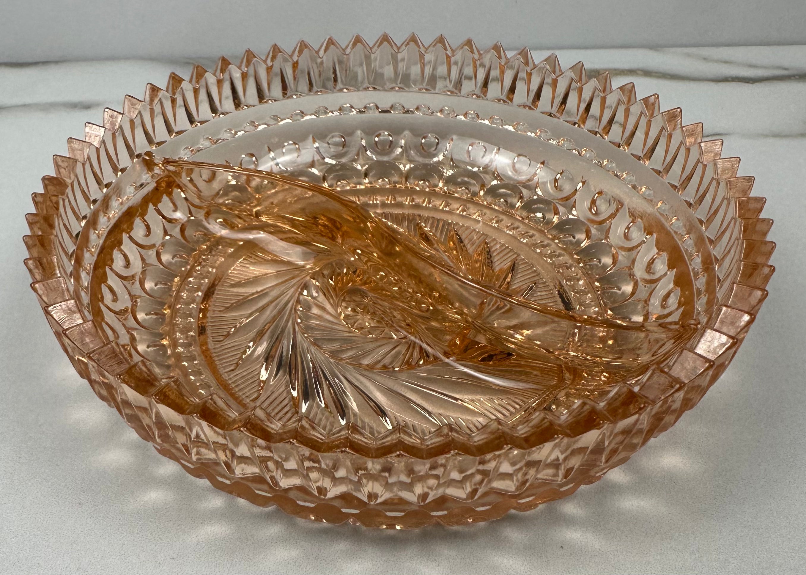 Vintage Pink Depression Glass 6¼" Divided Relish Bowl Unknown Maker & Pattern | Circa 1930s–1940s
