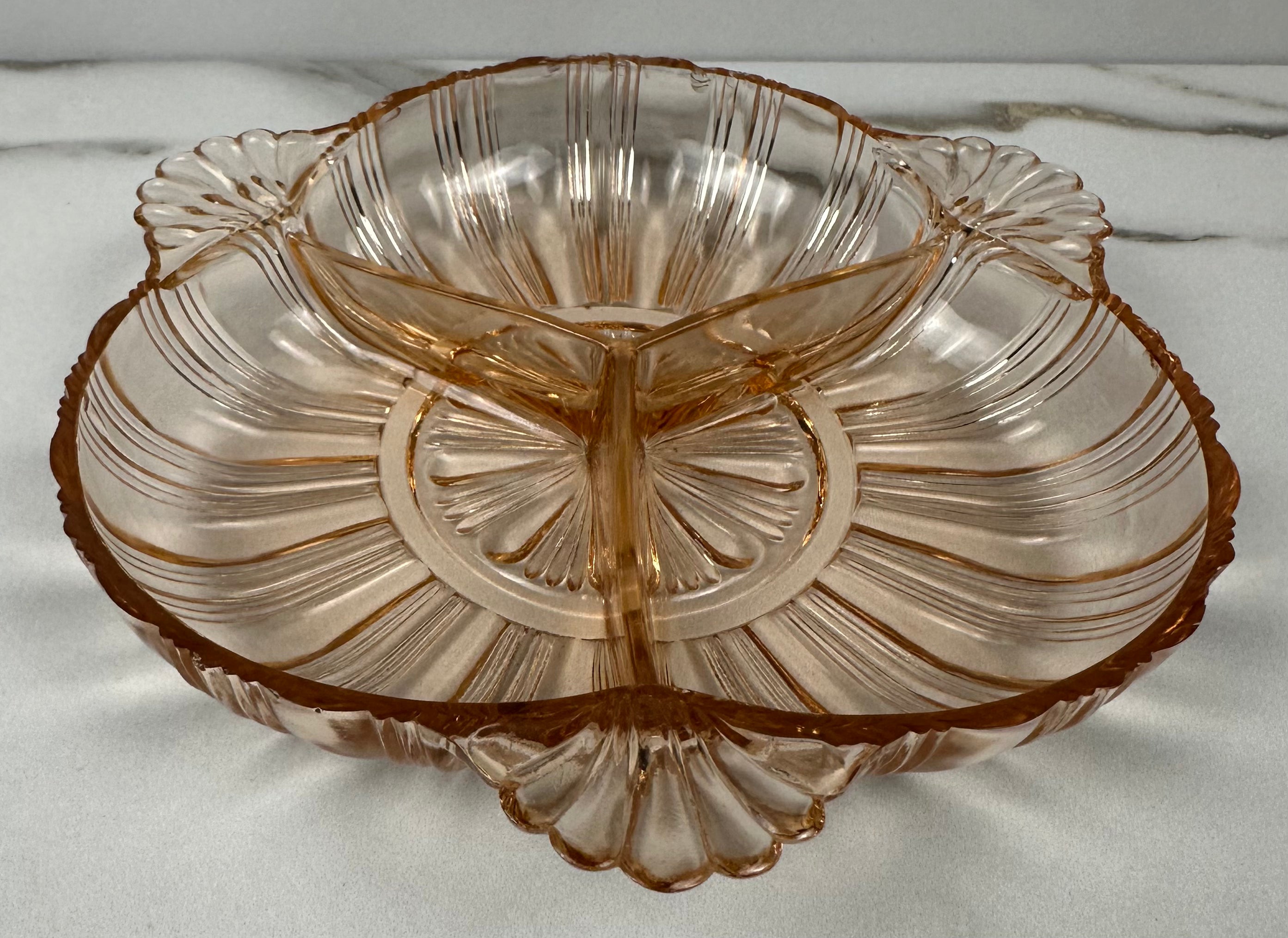 Pink Depression Glass Divided Candy Dish – Tab Handled Old Café Pattern | Anchor Hocking | Circa 1936–1940