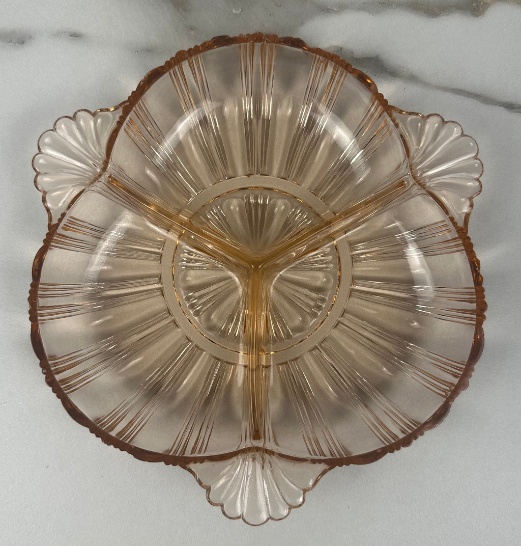 Pink Depression Glass Divided Candy Dish – Tab Handled - "Old Café" Anchor Hocking | Circa 1936–1940