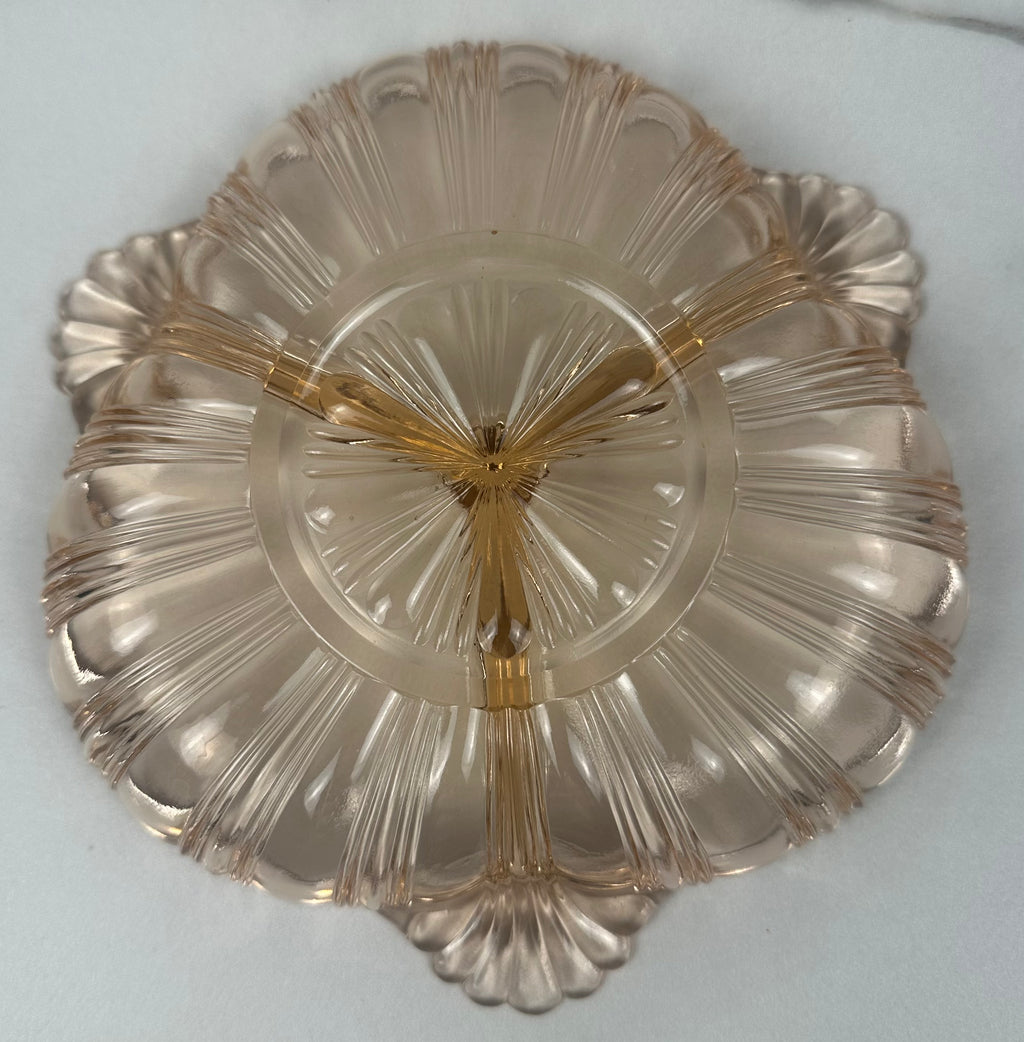 Pink Depression Glass Divided Candy Dish – Tab Handled - "Old Café" Anchor Hocking | Circa 1936–1940