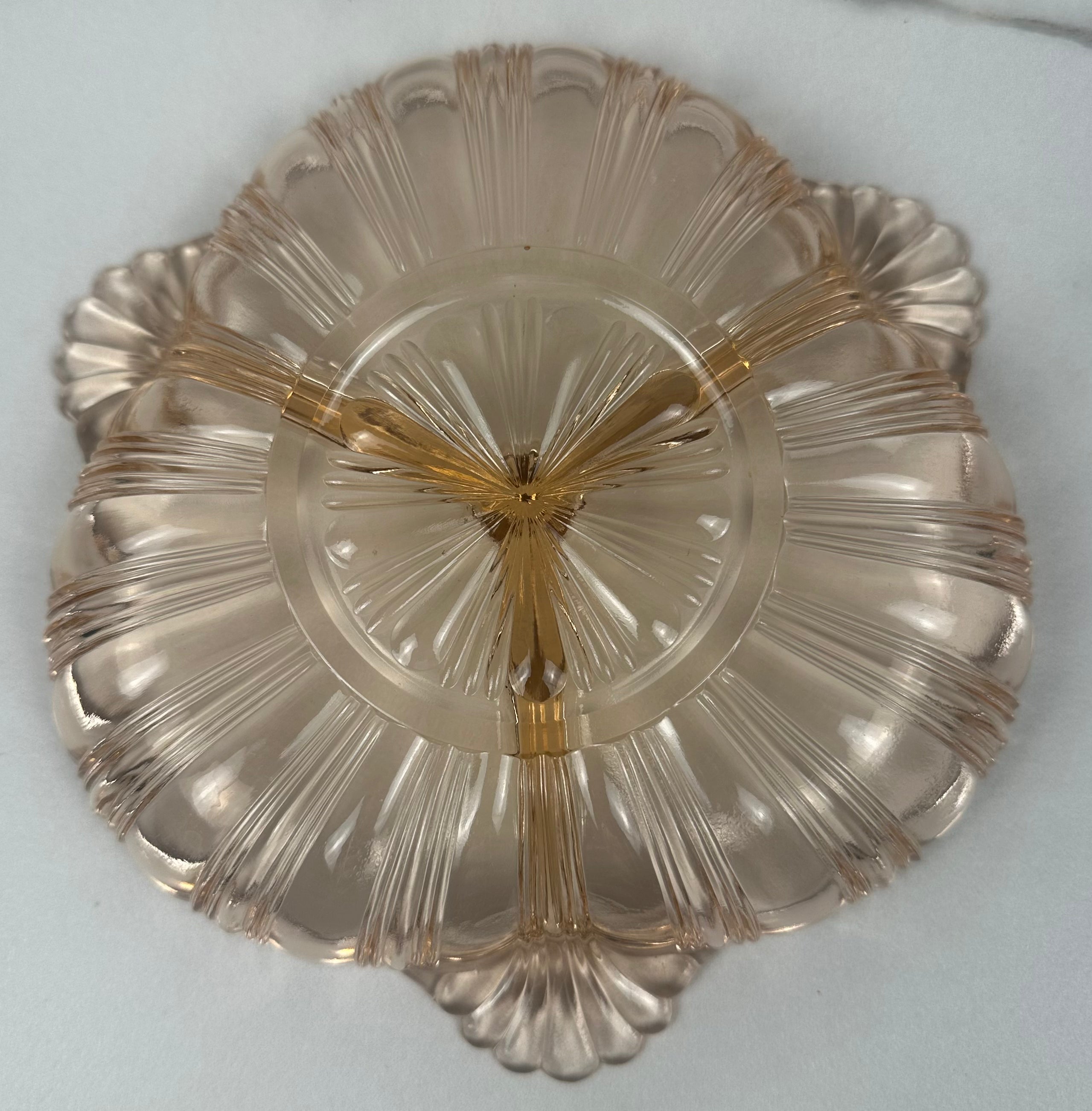 Pink Depression Glass Divided Candy Dish – Tab Handled Old Café Pattern | Anchor Hocking | Circa 1936–1940