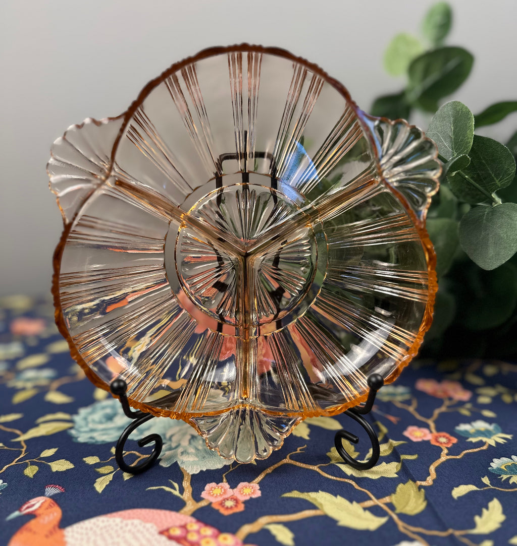 Pink Depression Glass Divided Candy Dish – Tab Handled - "Old Café" Anchor Hocking | Circa 1936–1940