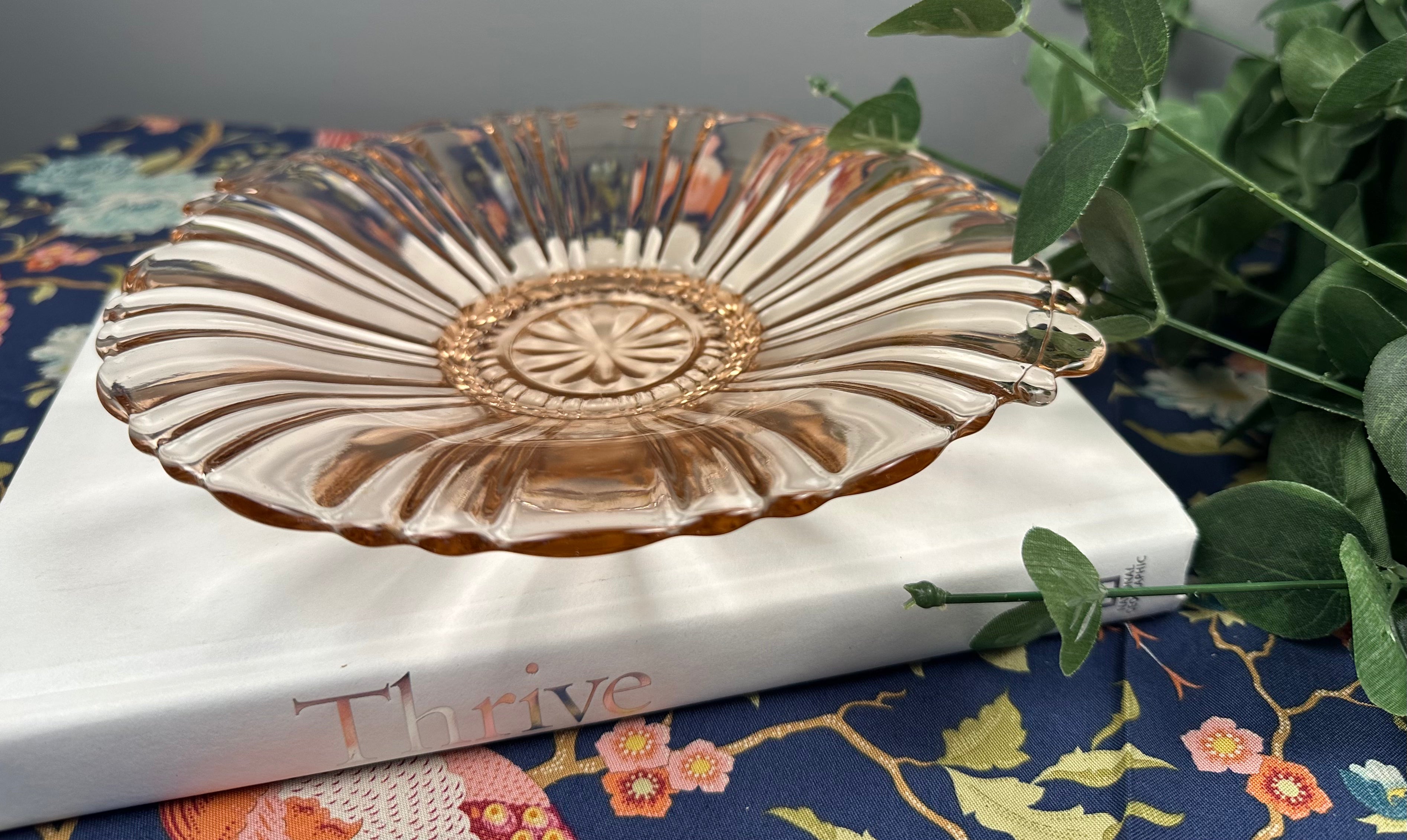 Pink Depression Glass Pedestal Candy Bowl – Tab Handled  Old Café Pattern | Anchor Hocking |