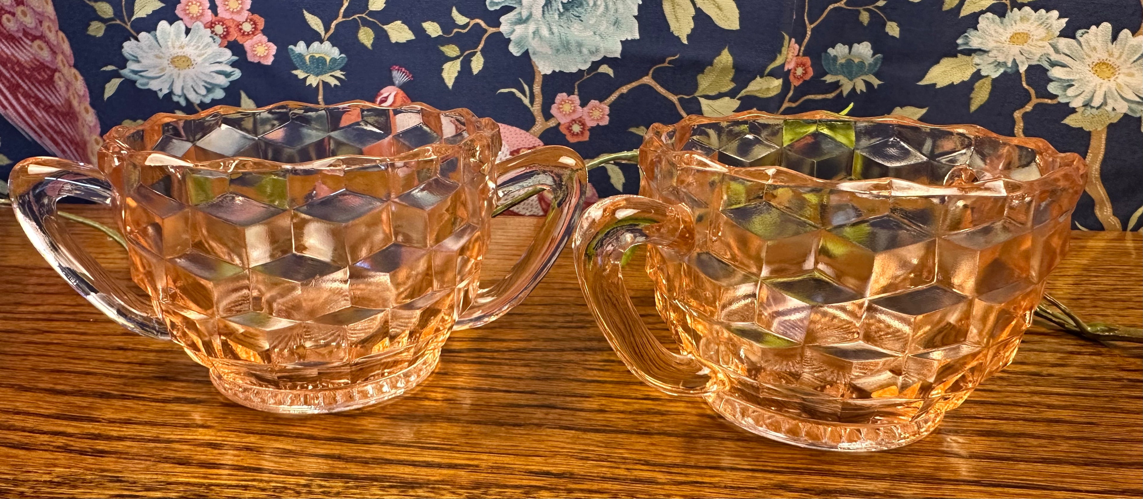 Pink Depression Glass Double Handled Sugar Bowl - Open – “Cube” Jeannette Glass Company | Circa 1929-1934