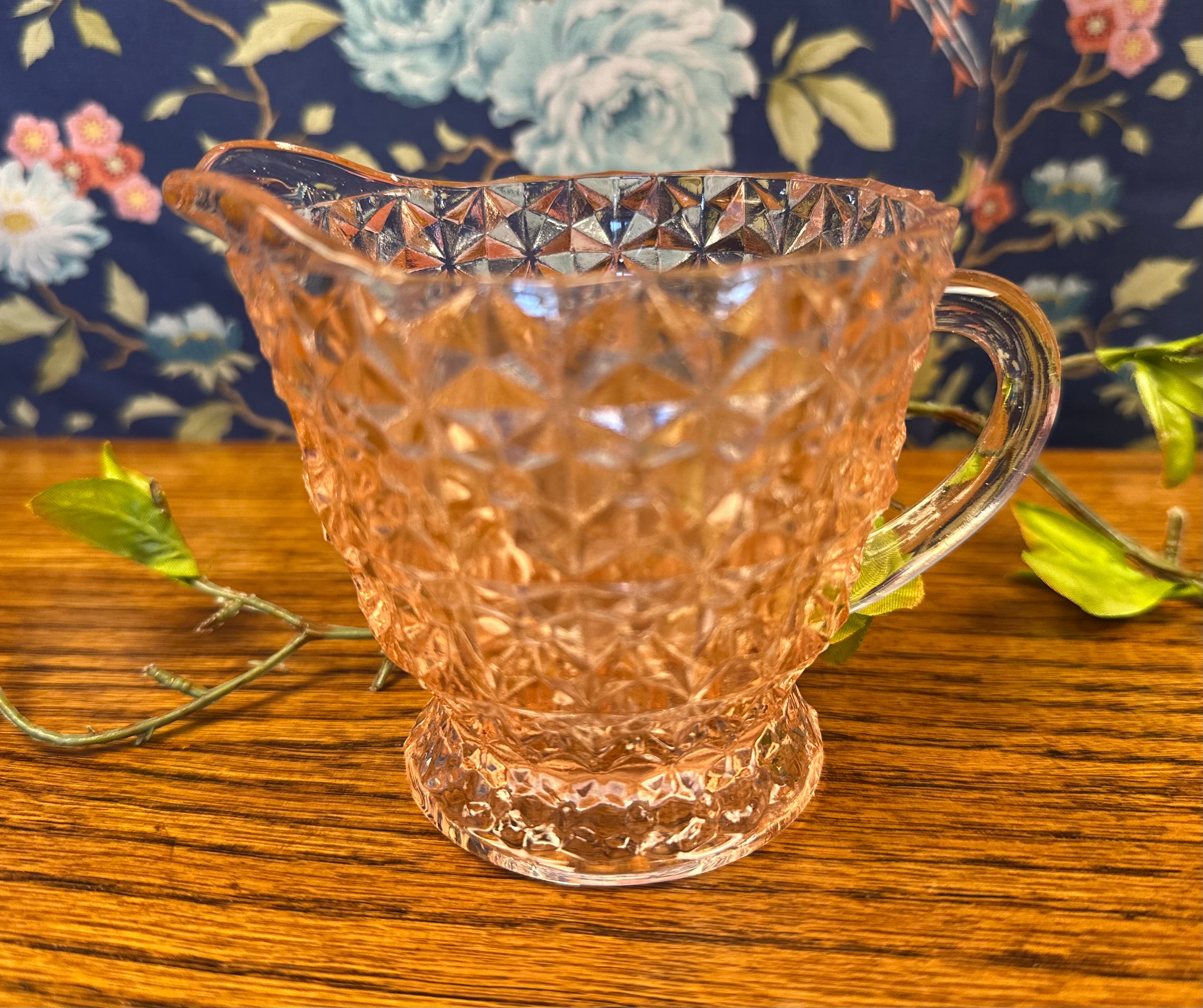 Pink Depression Glass Creamer– Holiday “Buttons & Bows” Jeannette Glass Company | Circa 1947–1949