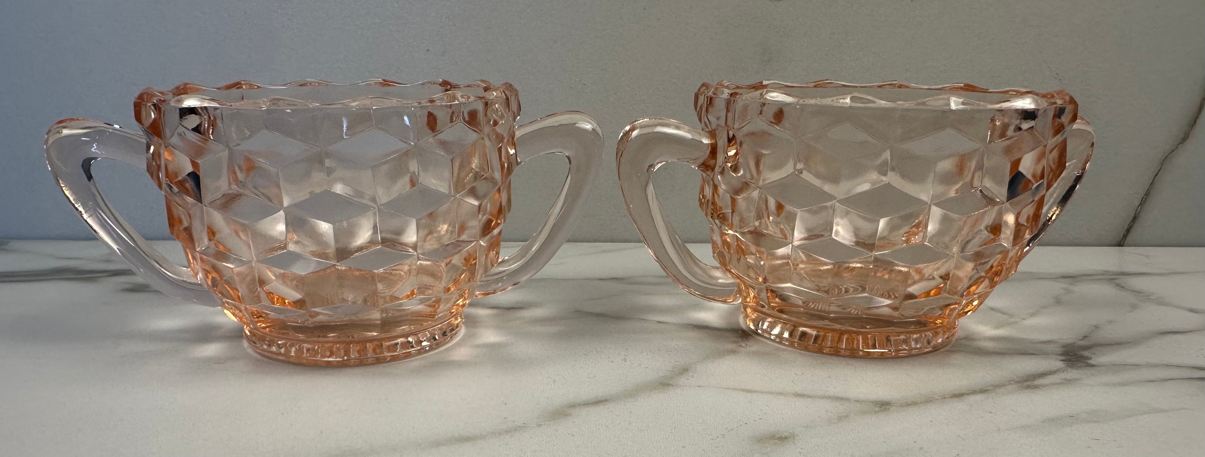 Pink Depression Glass Double Handled Sugar Bowl - Open – “Cube” Jeannette Glass Company | Circa 1929-1934
