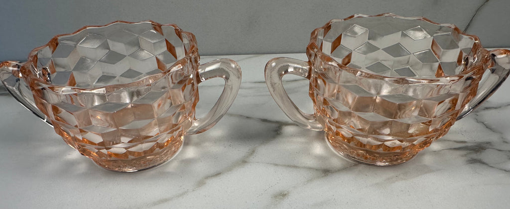 Pink Depression Glass Double Handled Sugar Bowl - Open – “Cube” Jeannette Glass Company | Circa 1929-1934