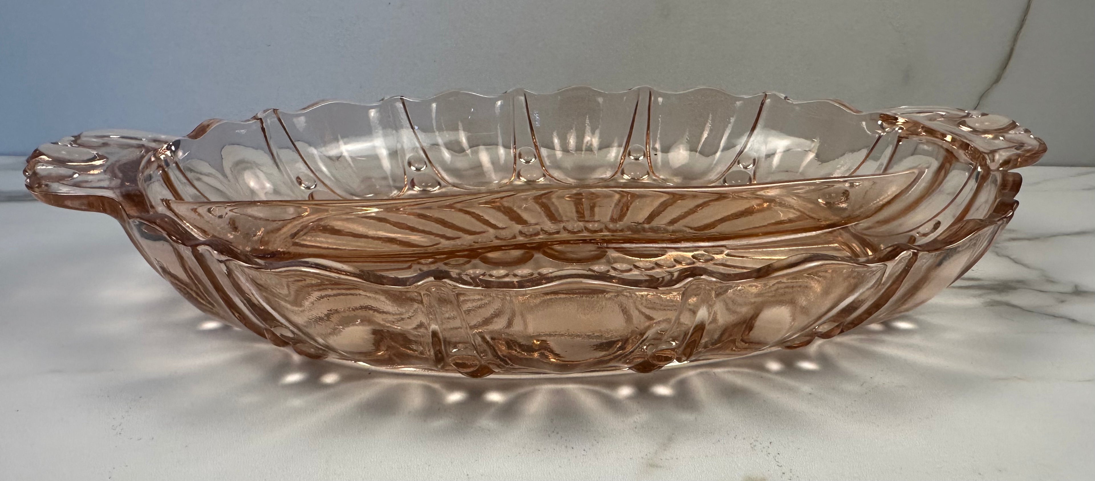 Pink Depression Glass Oval Divided Bowl – “Oyster and Pearl” Anchor Hocking Company | Circa 1938-1940