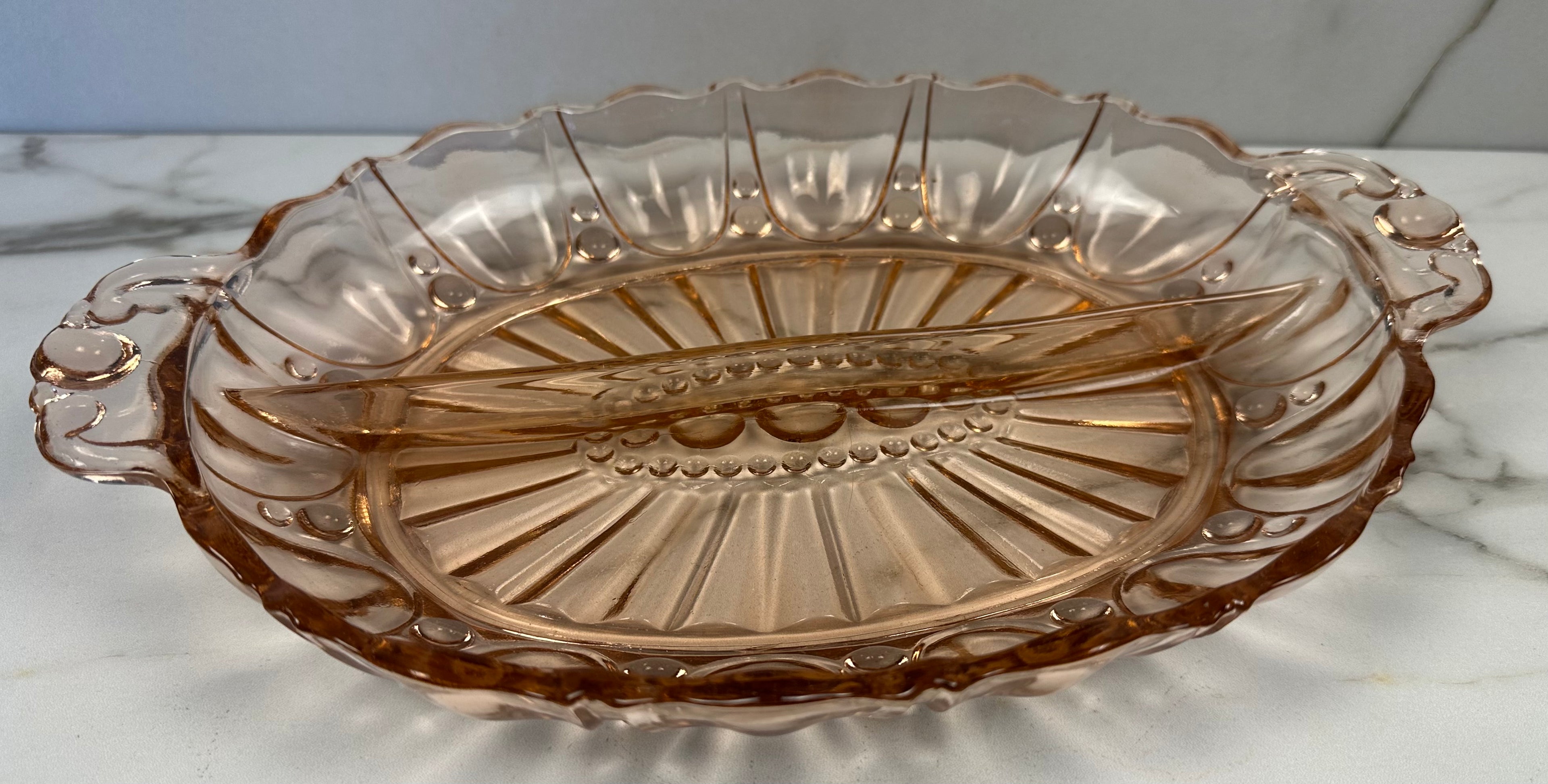 Pink Depression Glass Oval Divided Bowl – “Oyster and Pearl” Anchor Hocking Company | Circa 1938-1940