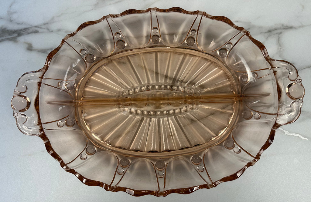 Pink Depression Glass Oval Divided Bowl – “Oyster and Pearl” Anchor Hocking Company | Circa 1938-1940