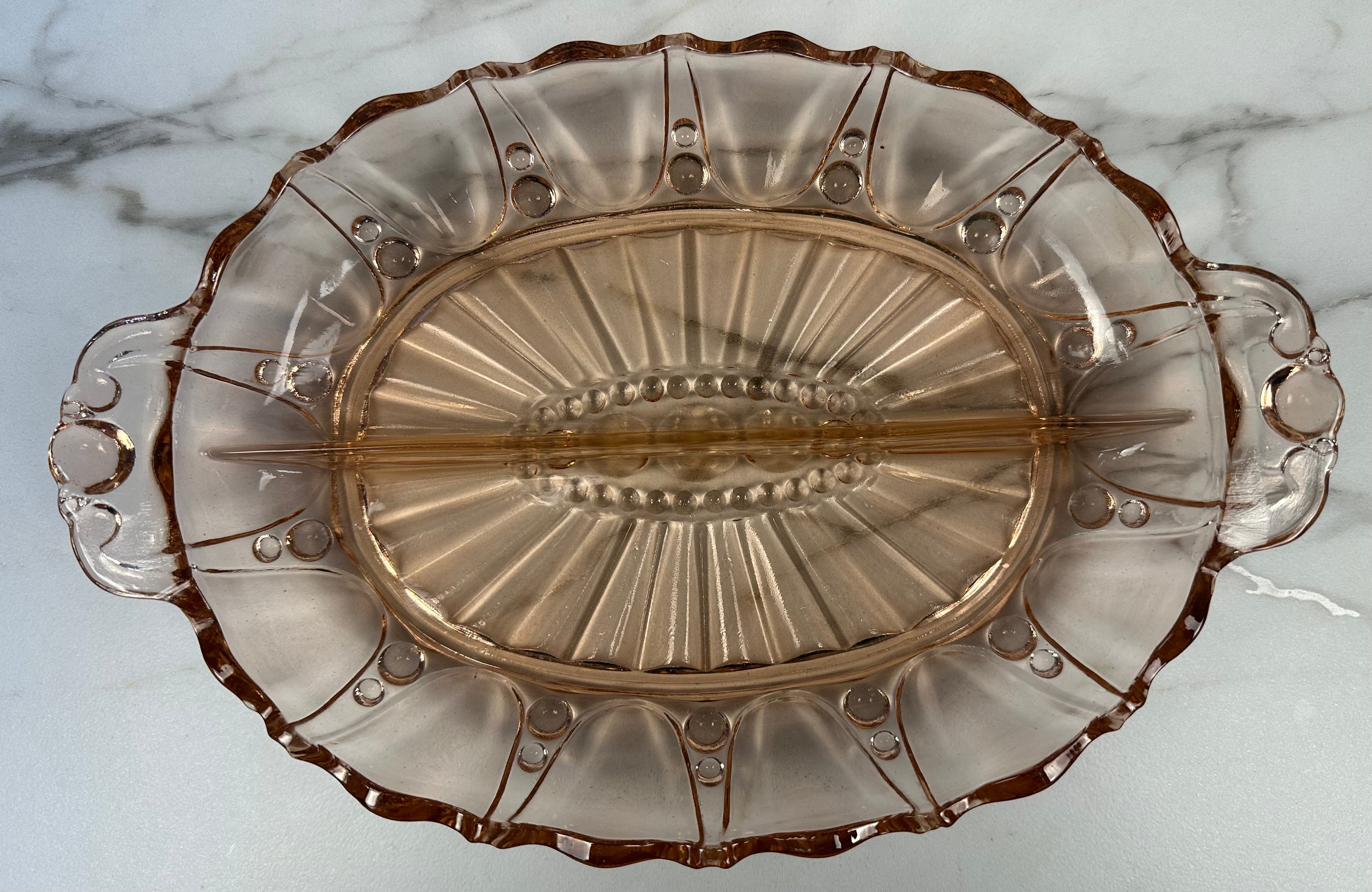 Pink Depression Glass Oval Divided Bowl – “Oyster and Pearl” Anchor Hocking Company | Circa 1938-1940
