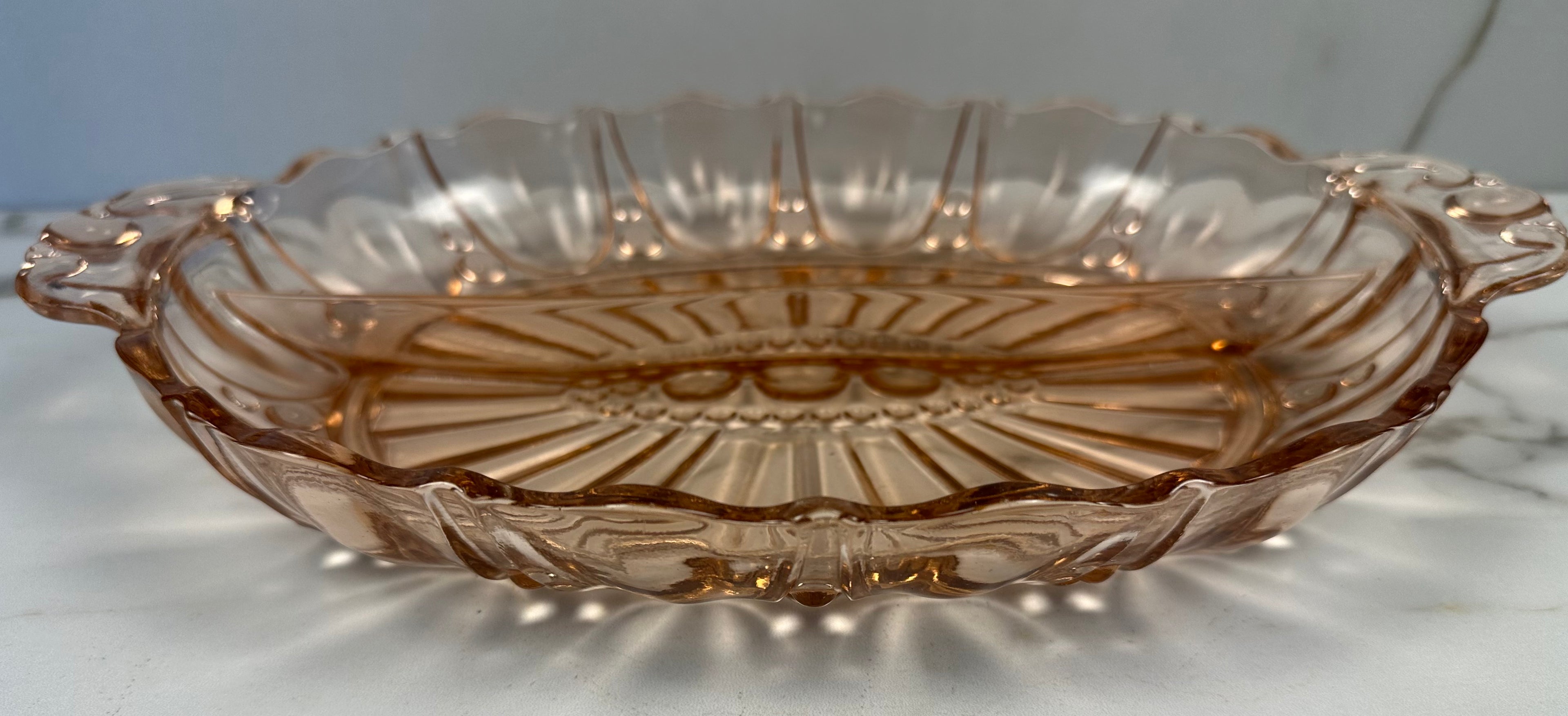 Pink Depression Glass Oval Divided Bowl – “Oyster and Pearl” Anchor Hocking Company | Circa 1938-1940