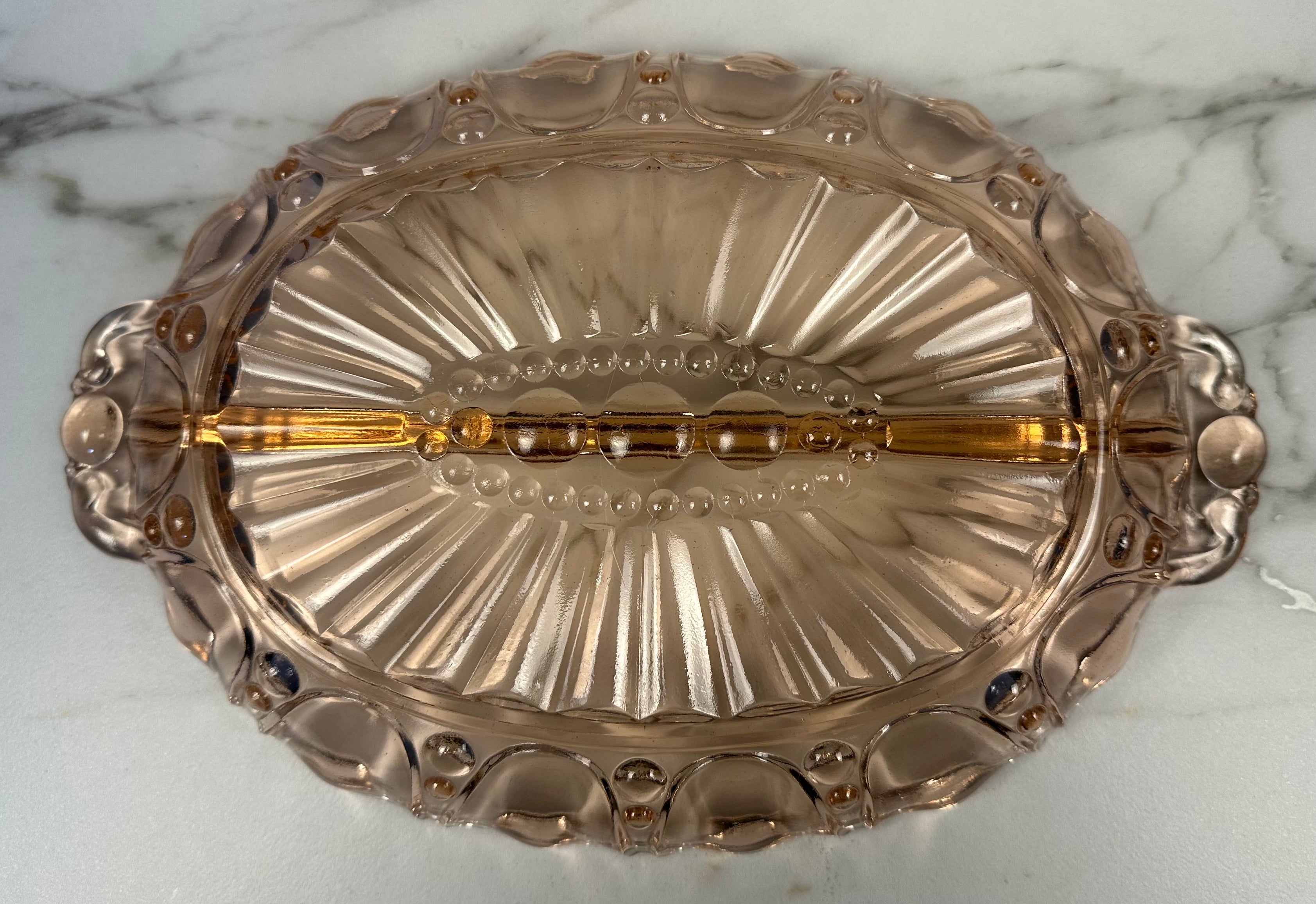Pink Depression Glass Oval Divided Bowl – “Oyster and Pearl” Anchor Hocking Company | Circa 1938-1940