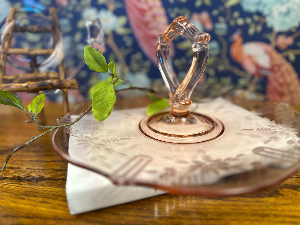 Pink Depression Glass Center Handle Tray with Handle  – “Jubilee” Lancaster Glass | Circa 1930-1937