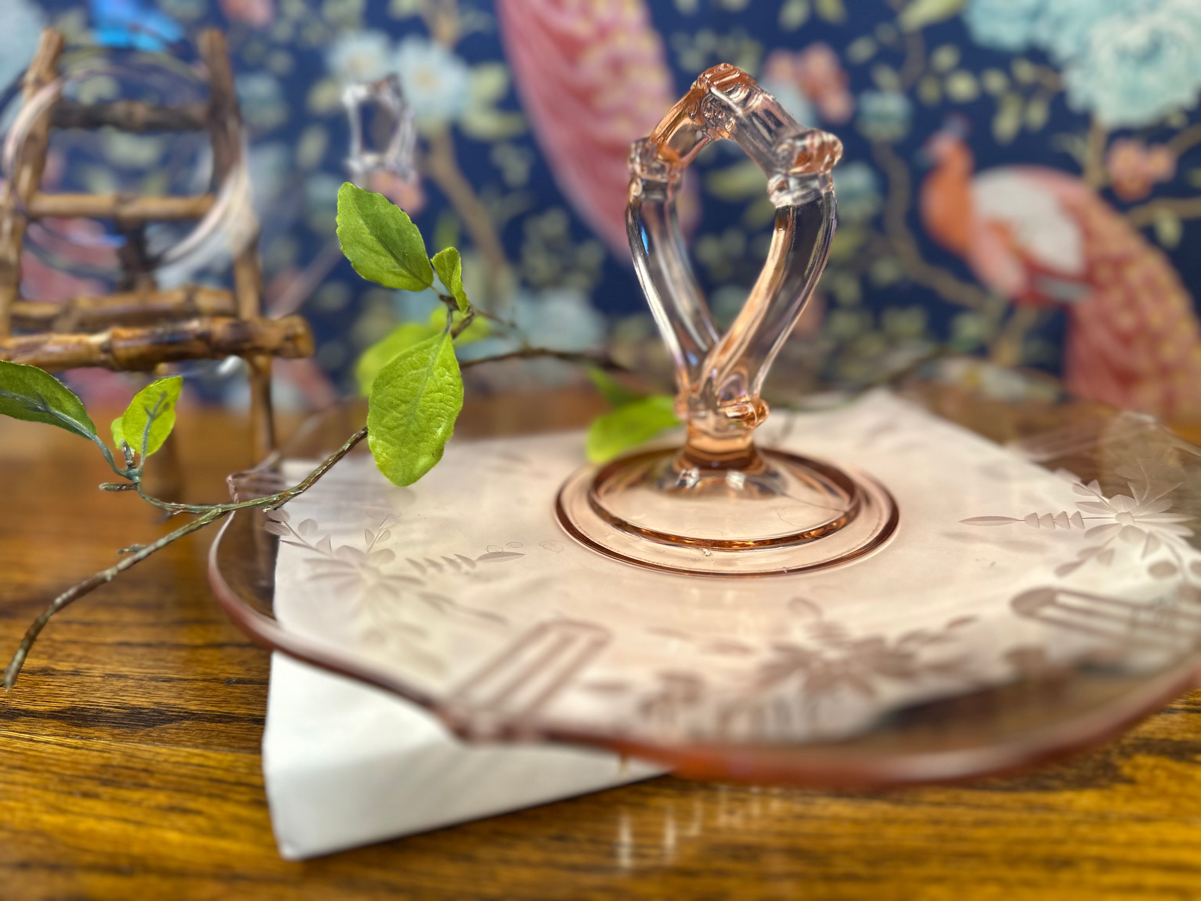 Pink Depression Glass Center Handle Tray with Handle  – “Jubilee” Lancaster Glass | Circa 1930-1937