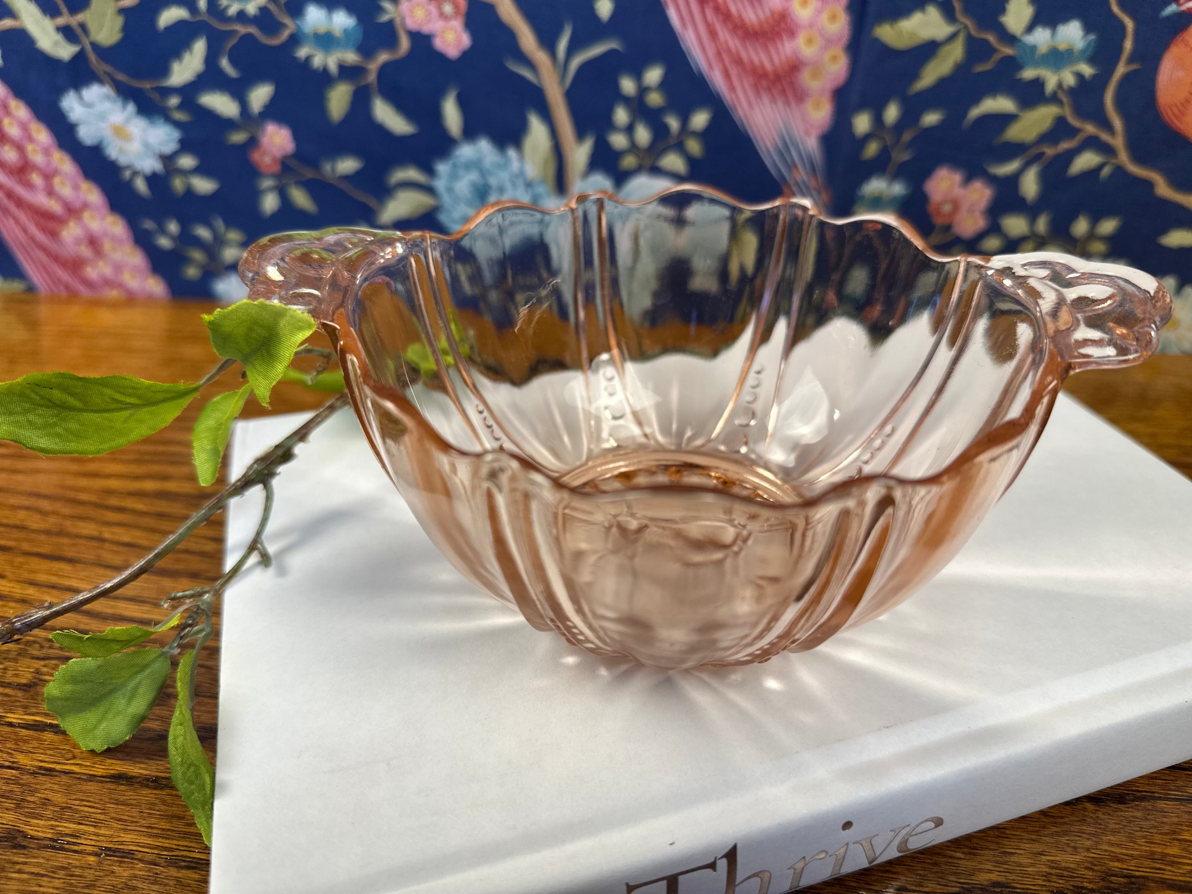 Pink Depression Glass Handled Bowl Bowl – “Oyster and Pearl” Anchor Hocking Company | Circa 1938-1940