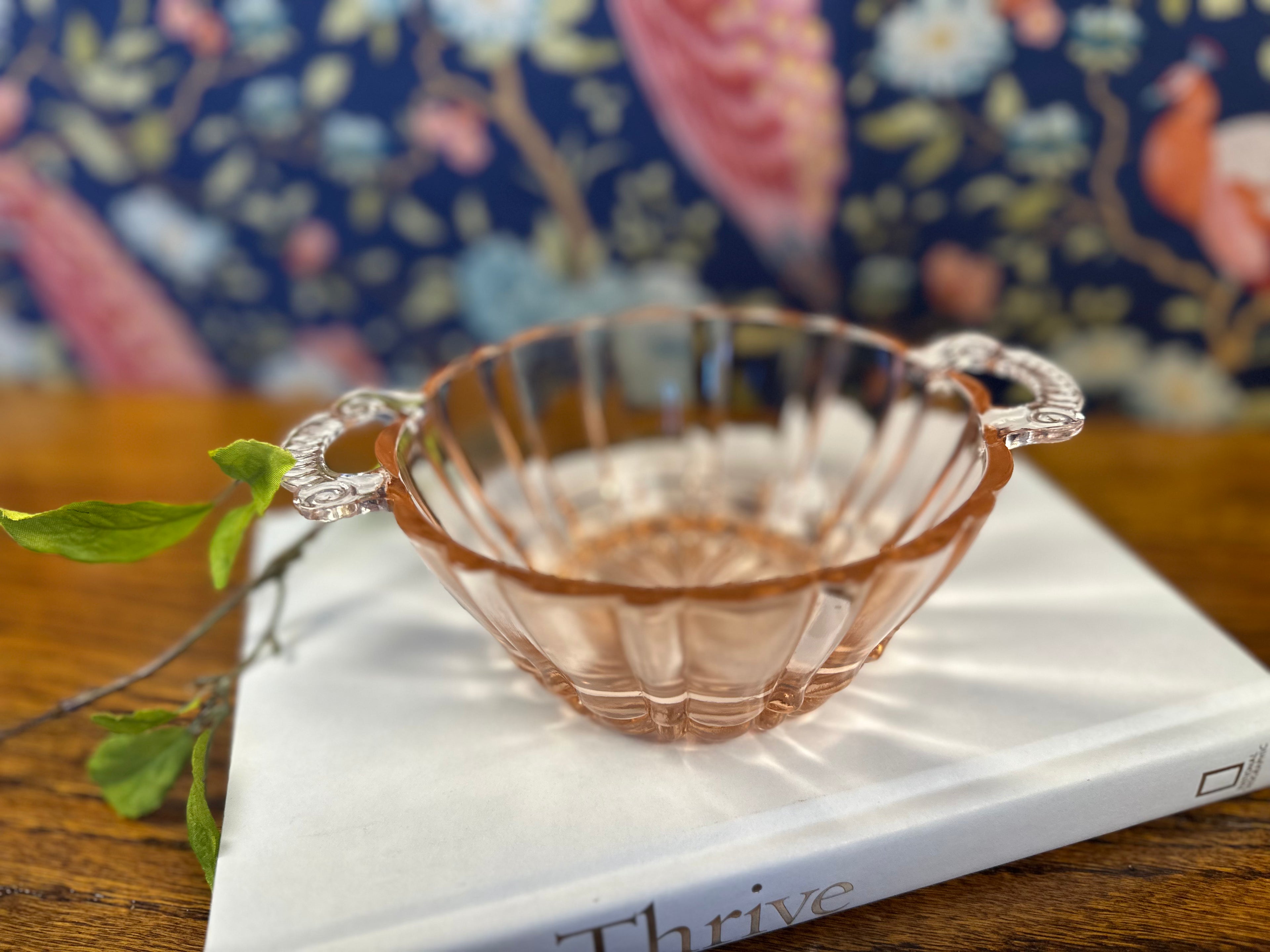 Pink Depression Glass Double Handled Round  Bowl – “Old Cafe” Anchor Hocking Company | Circa 1936-1940