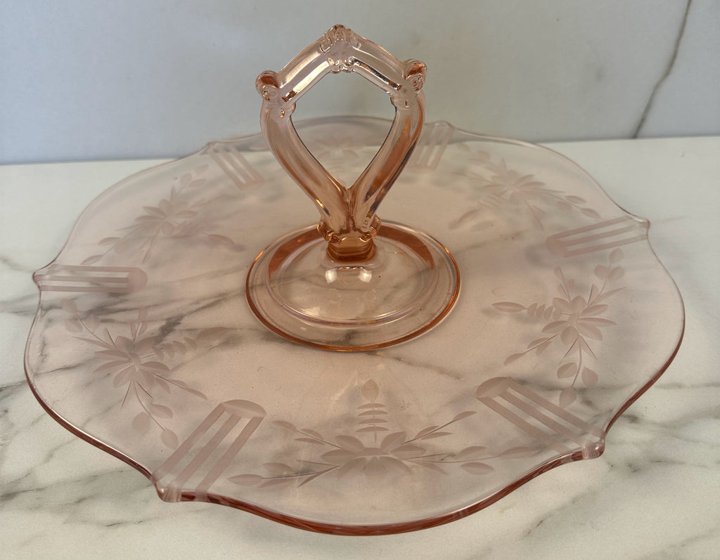 Pink Depression Glass Center Handle Tray with Handle  – “Jubilee” Lancaster Glass | Circa 1930-1937