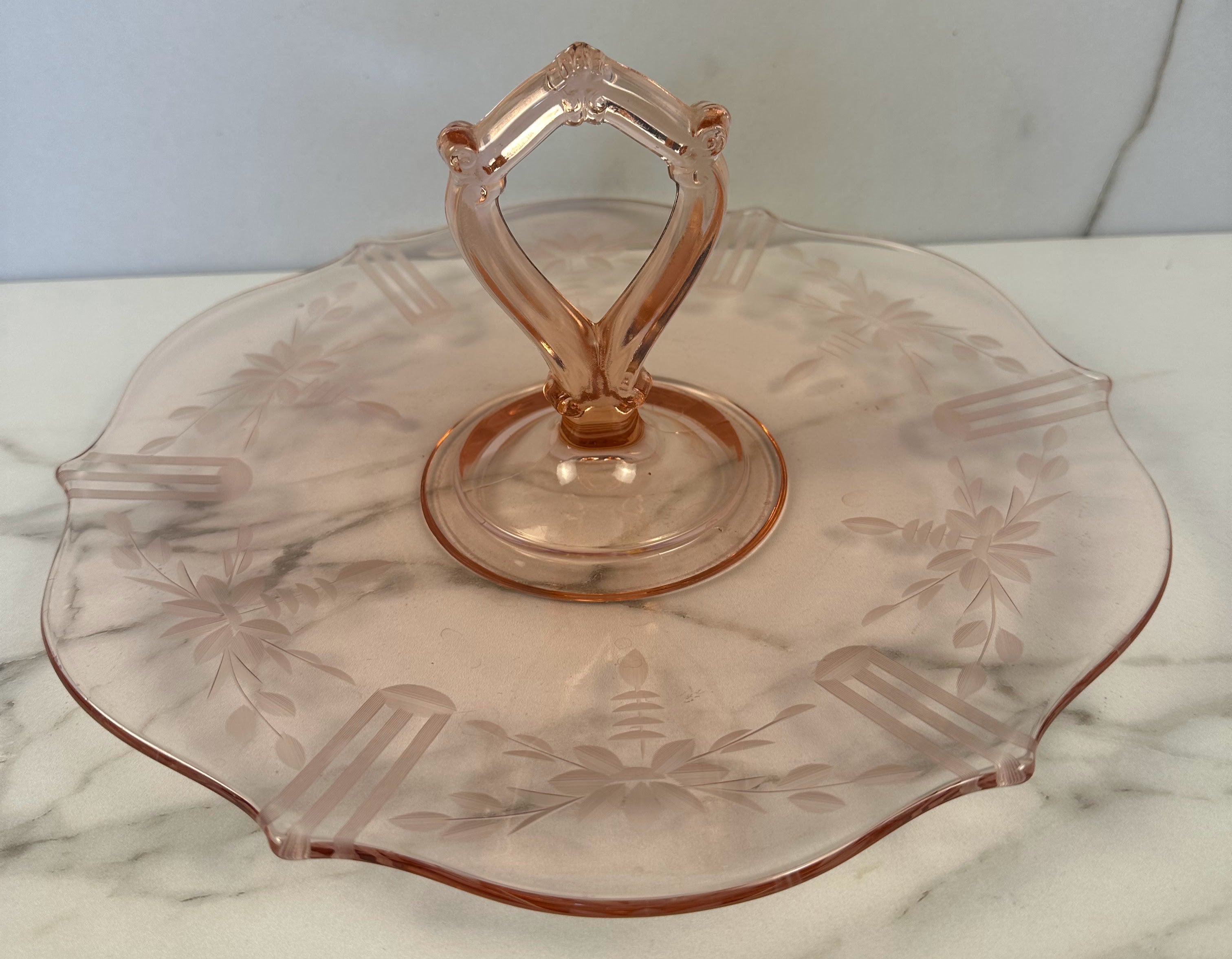 Pink Depression Glass Center Handle Tray with Handle  – “Jubilee” Lancaster Glass | Circa 1930-1937