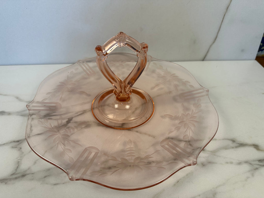 Pink Depression Glass Center Handle Tray with Handle  – “Jubilee” Lancaster Glass | Circa 1930-1937