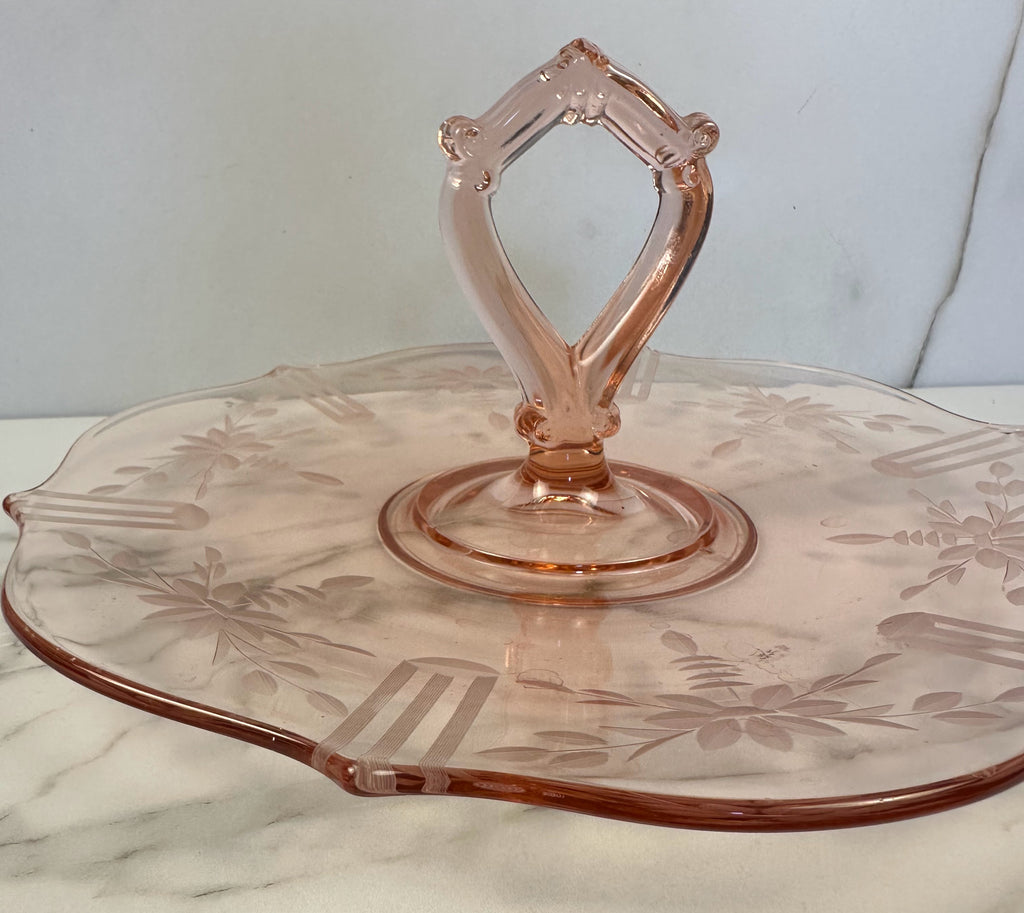Pink Depression Glass Center Handle Tray with Handle  – “Jubilee” Lancaster Glass | Circa 1930-1937