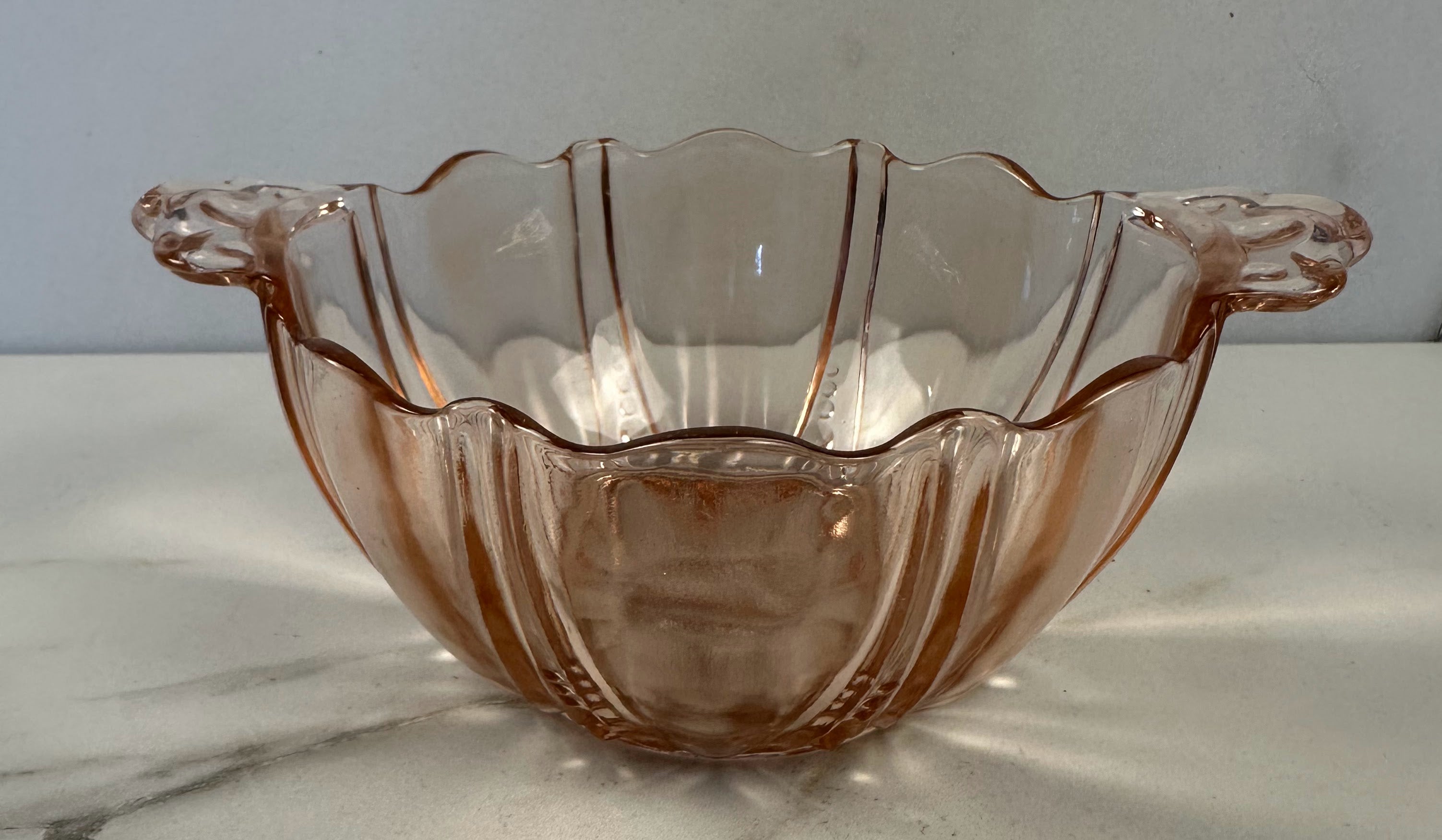 Pink Depression Glass Handled Bowl Bowl – “Oyster and Pearl” Anchor Hocking Company | Circa 1938-1940