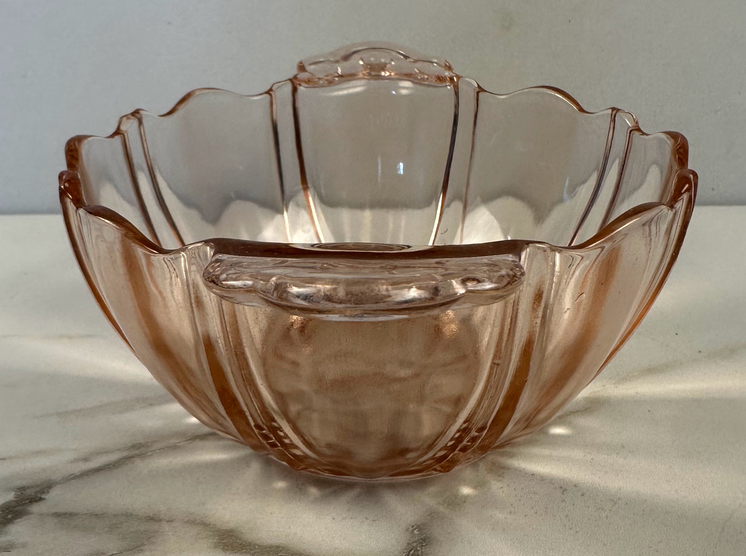 Pink Depression Glass Handled Bowl Bowl – “Oyster and Pearl” Anchor Hocking Company | Circa 1938-1940