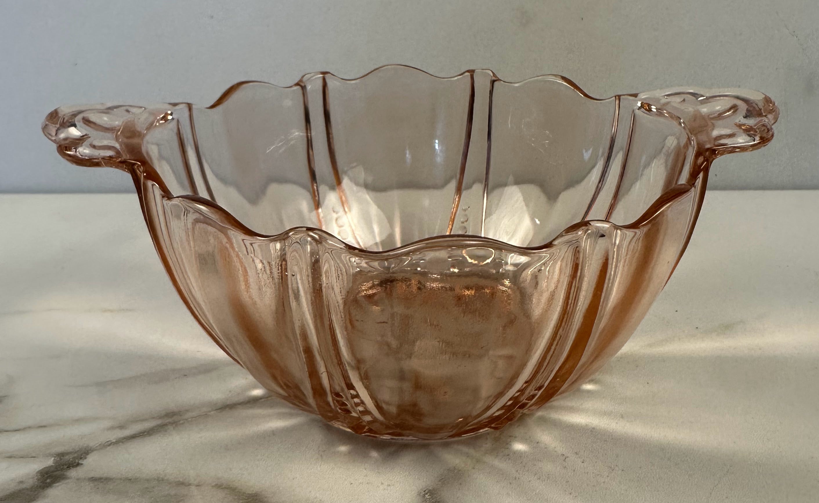 Pink Depression Glass Handled Bowl Bowl – “Oyster and Pearl” Anchor Hocking Company | Circa 1938-1940
