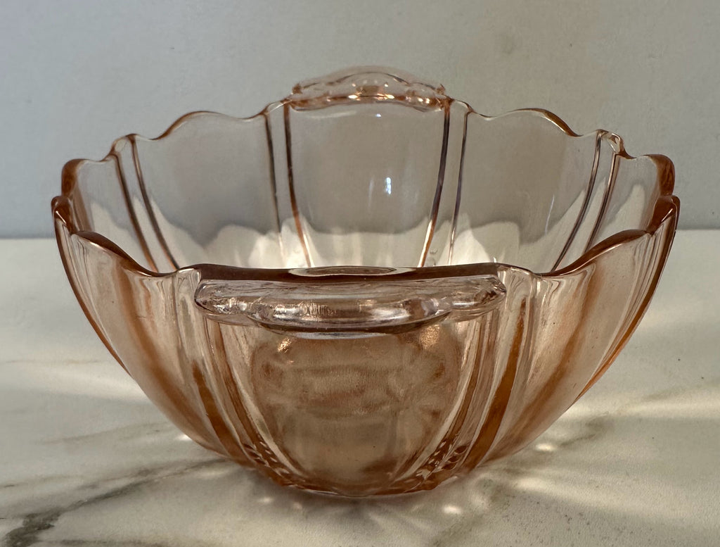 Pink Depression Glass Handled Bowl Bowl – “Oyster and Pearl” Anchor Hocking Company | Circa 1938-1940