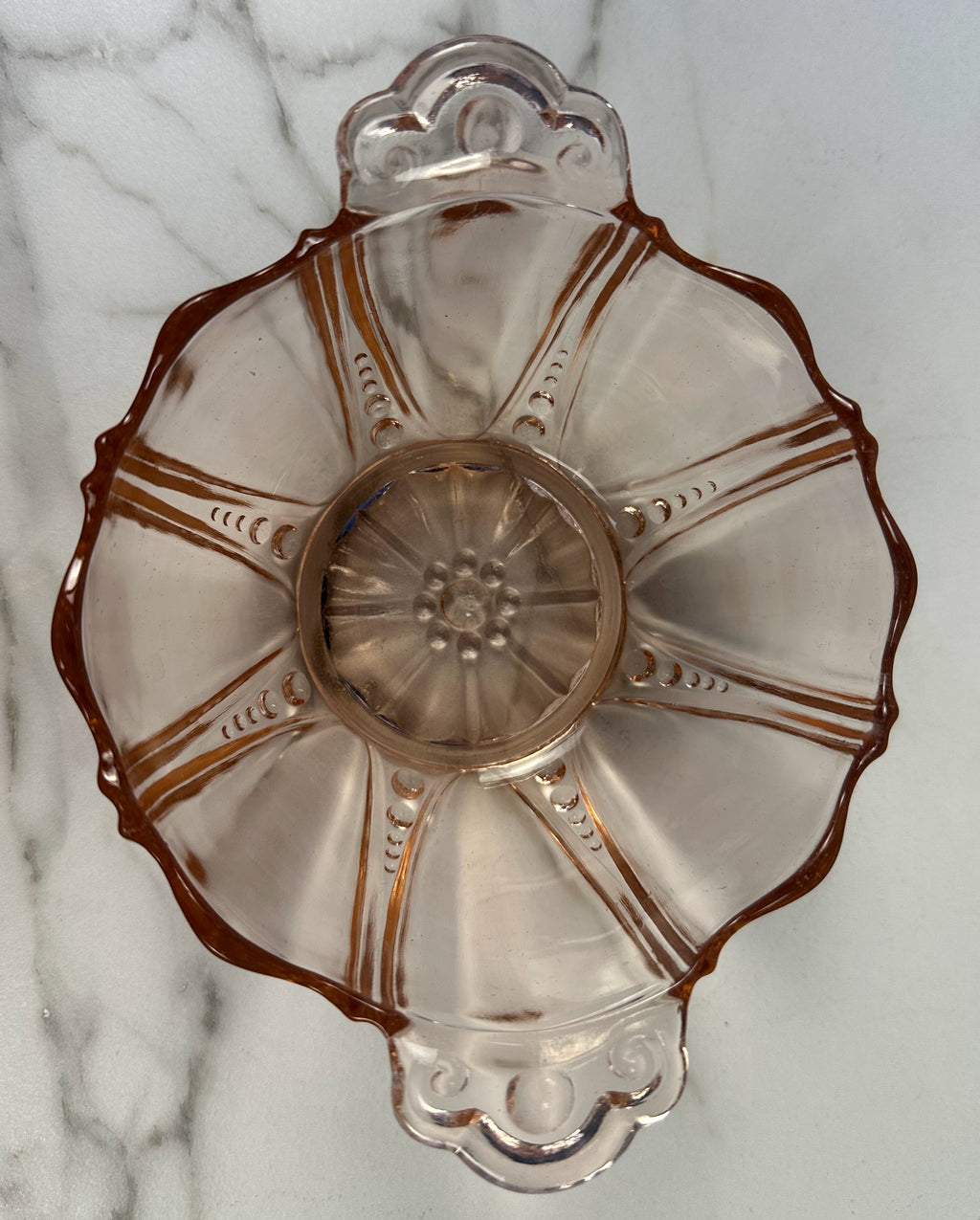 Pink Depression Glass Handled Bowl Bowl – “Oyster and Pearl” Anchor Hocking Company | Circa 1938-1940