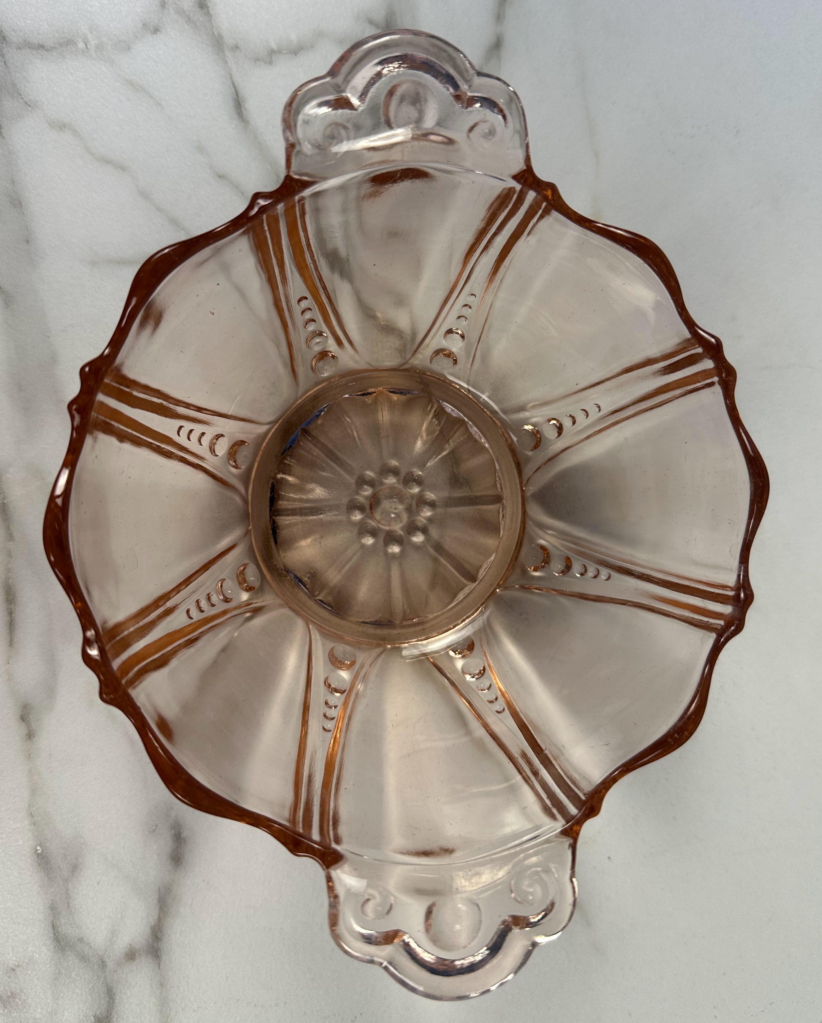 Pink Depression Glass Handled Bowl Bowl – “Oyster and Pearl” Anchor Hocking Company | Circa 1938-1940