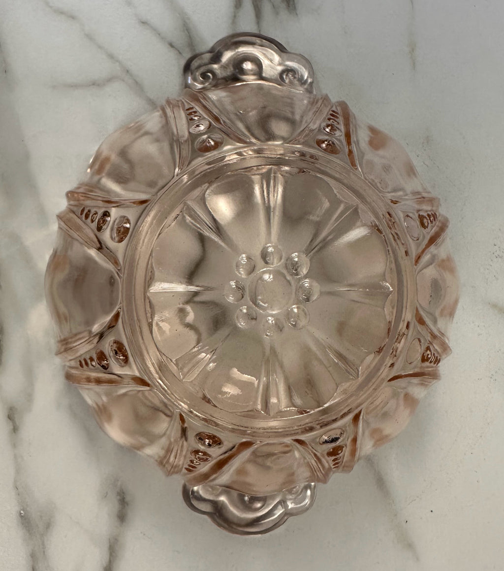 Pink Depression Glass Handled Bowl Bowl – “Oyster and Pearl” Anchor Hocking Company | Circa 1938-1940
