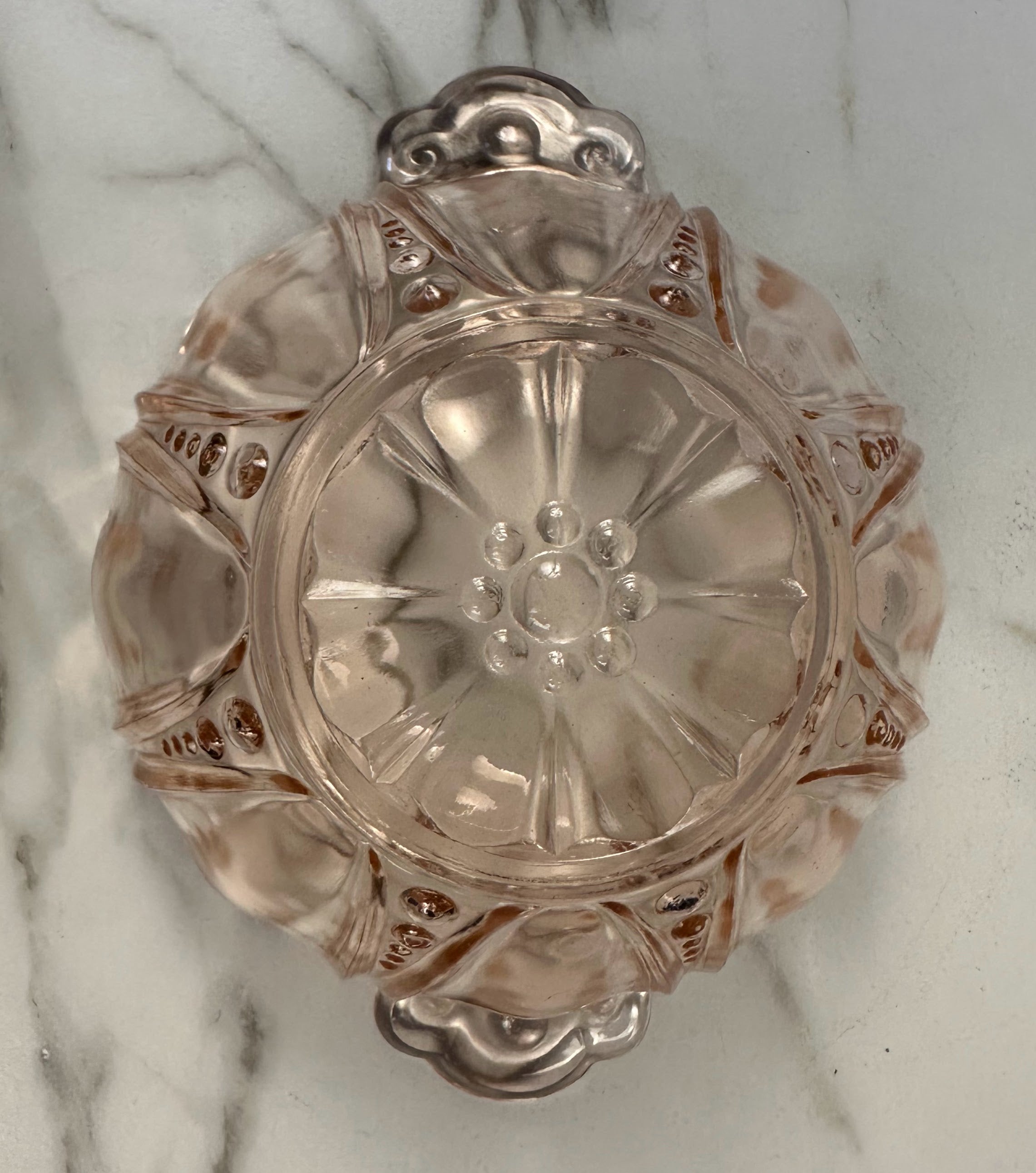 Pink Depression Glass Handled Bowl Bowl – “Oyster and Pearl” Anchor Hocking Company | Circa 1938-1940