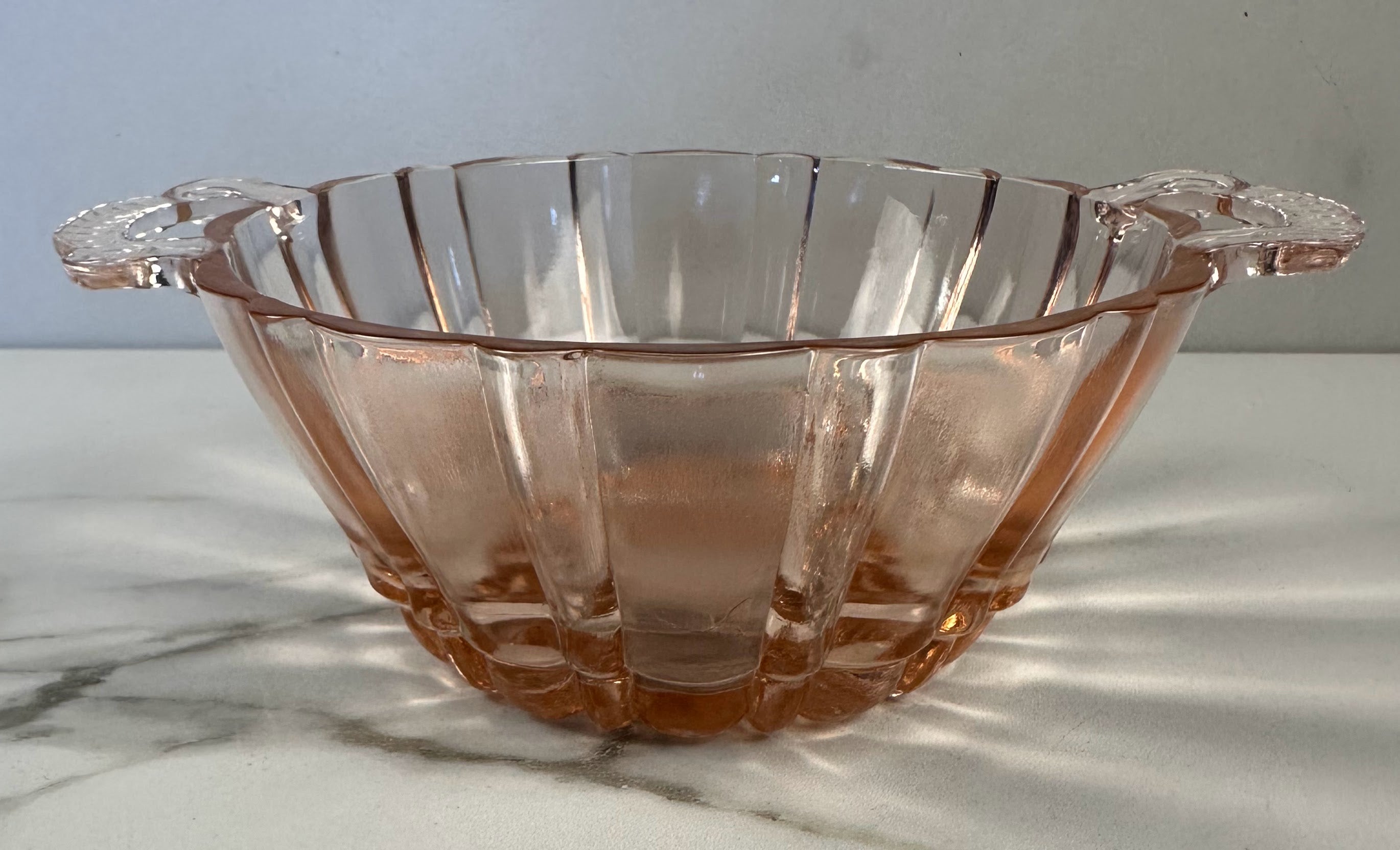 Pink Depression Glass Double Handled Round  Bowl – “Old Cafe” Anchor Hocking Company | Circa 1936-1940