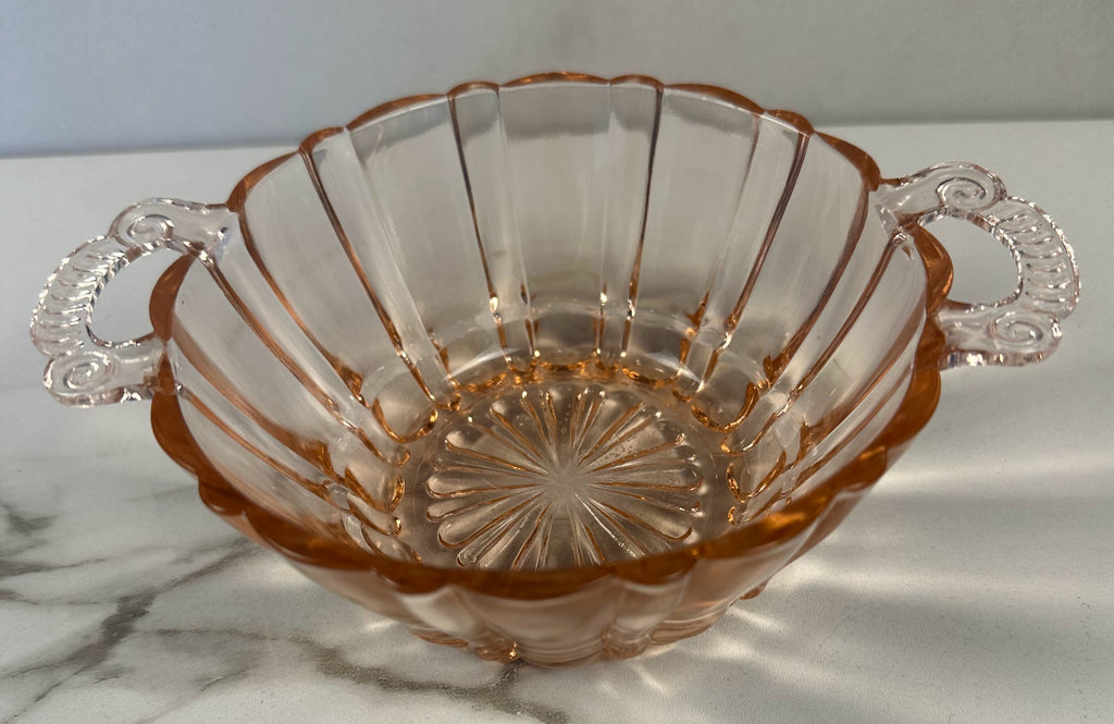 Pink Depression Glass Double Handled Round  Bowl – “Old Cafe” Anchor Hocking Company | Circa 1936-1940