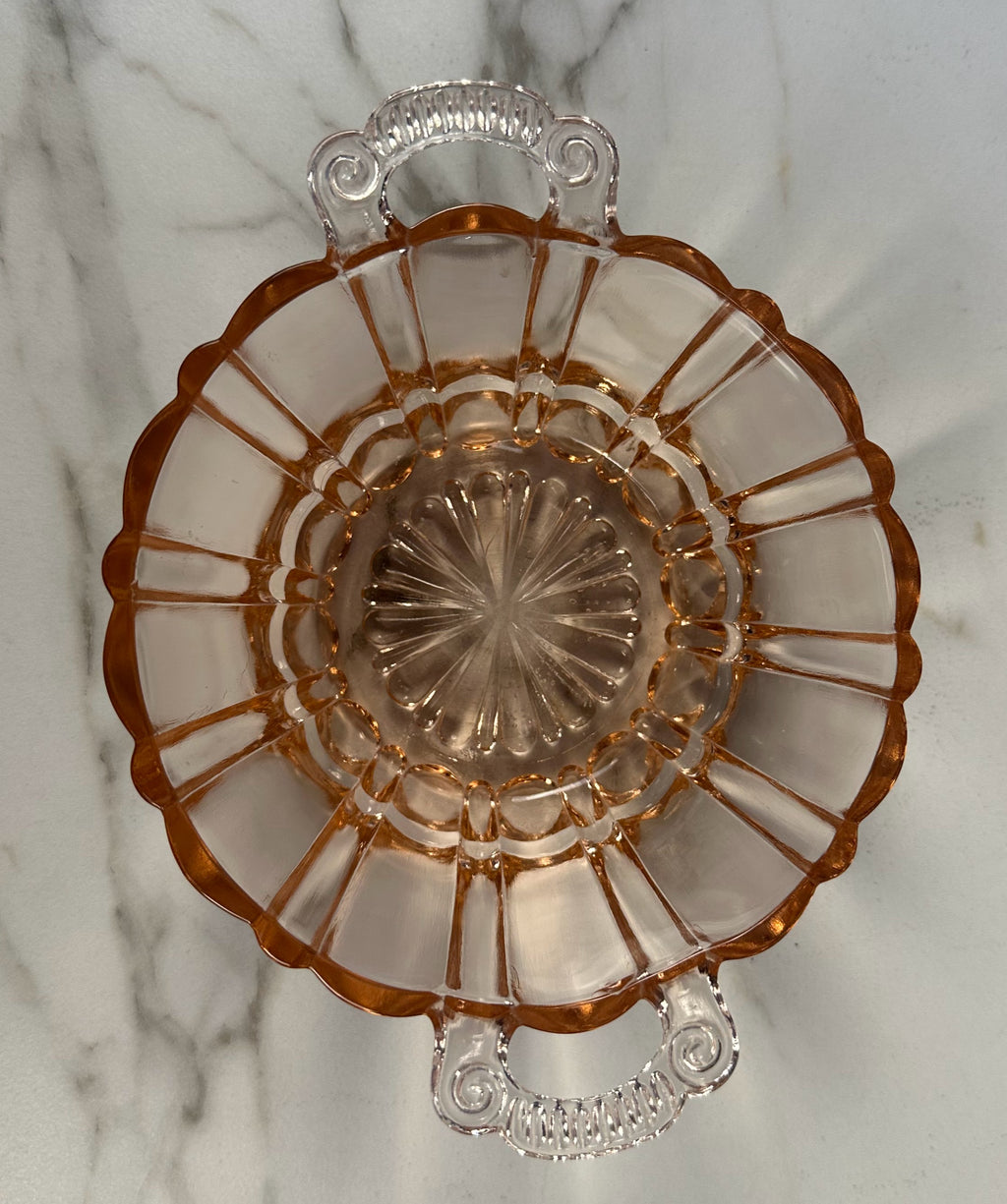 Pink Depression Glass Double Handled Round  Bowl – “Old Cafe” Anchor Hocking Company | Circa 1936-1940