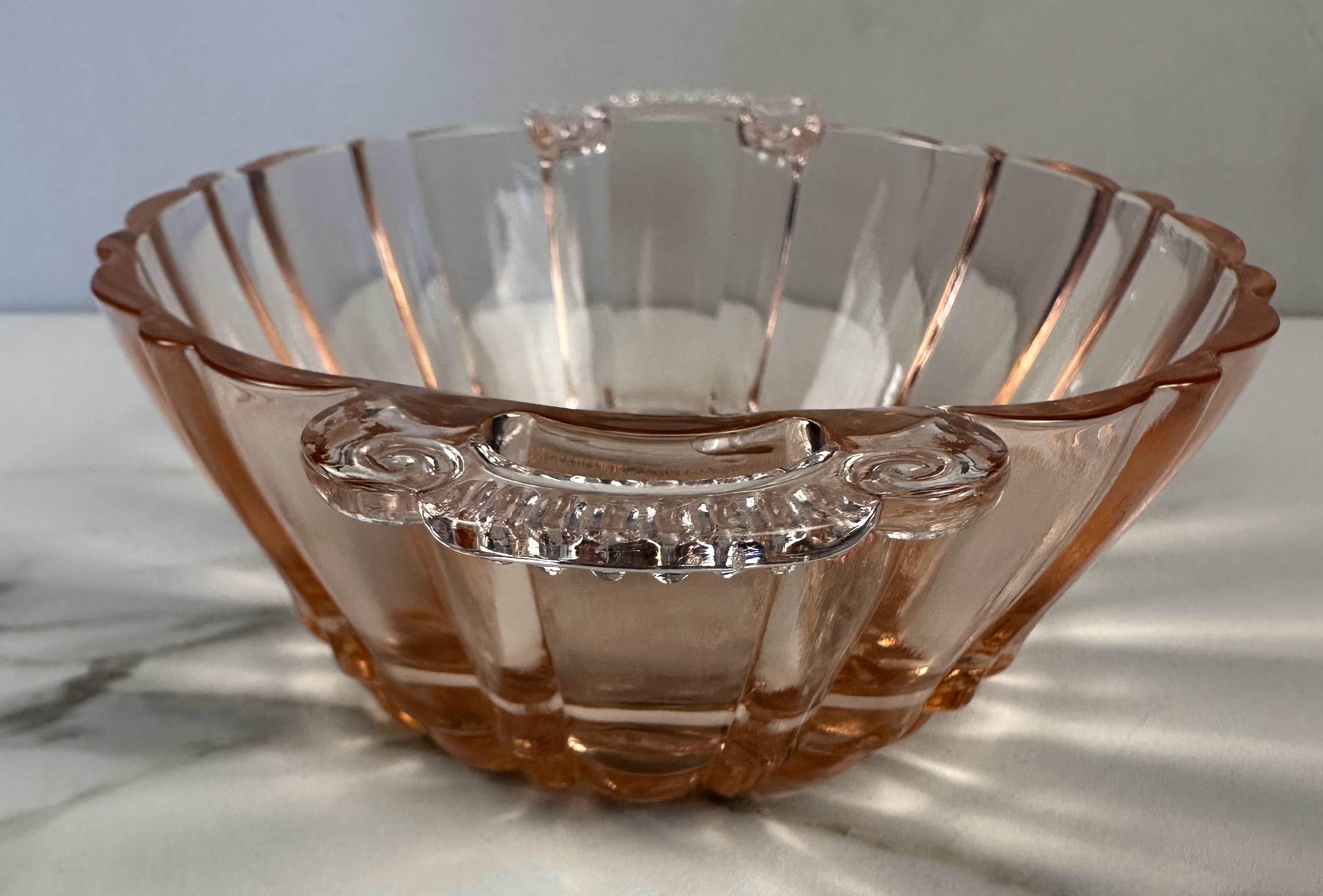 Pink Depression Glass Double Handled Round  Bowl – “Old Cafe” Anchor Hocking Company | Circa 1936-1940