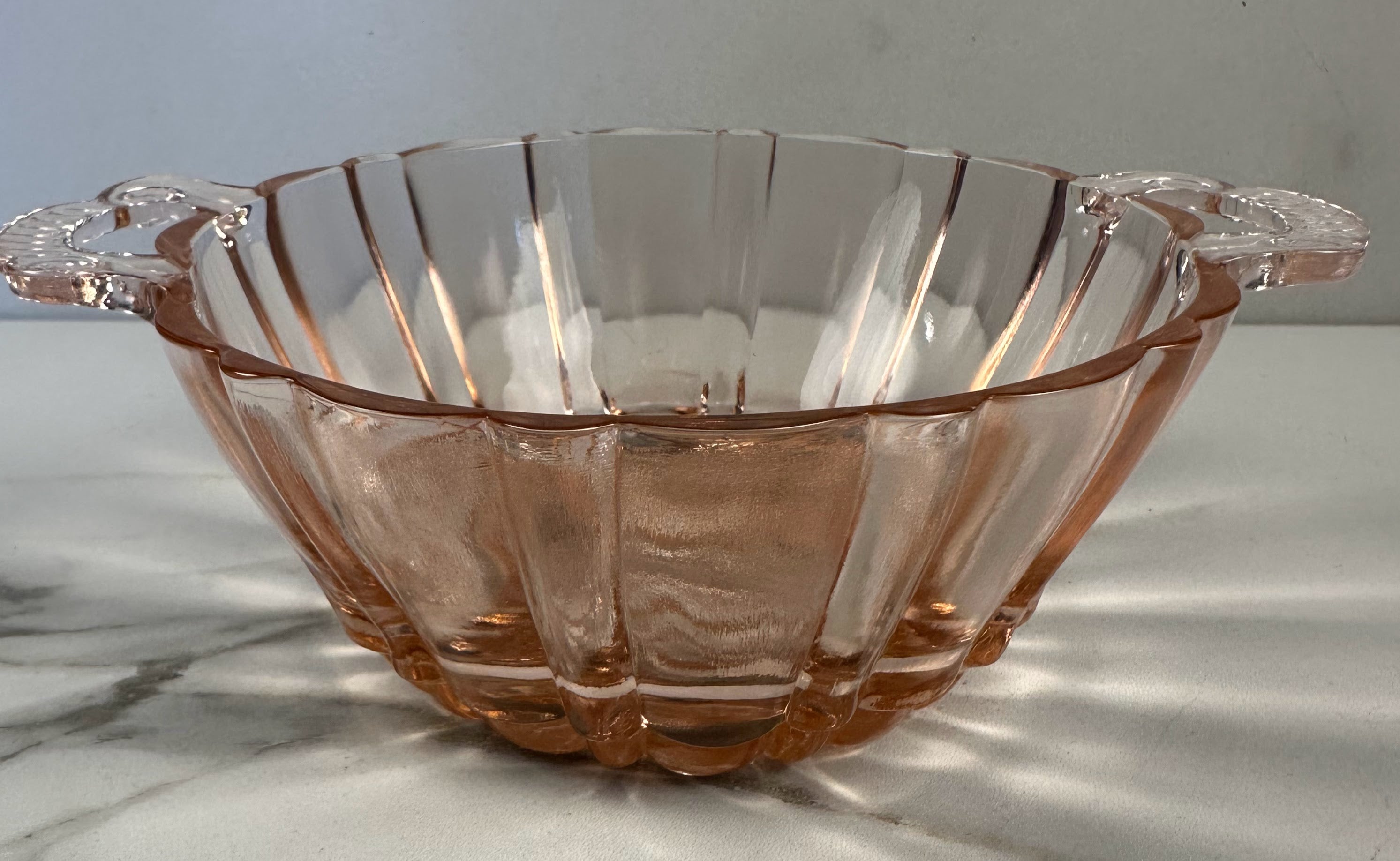 Pink Depression Glass Double Handled Round  Bowl – “Old Cafe” Anchor Hocking Company | Circa 1936-1940