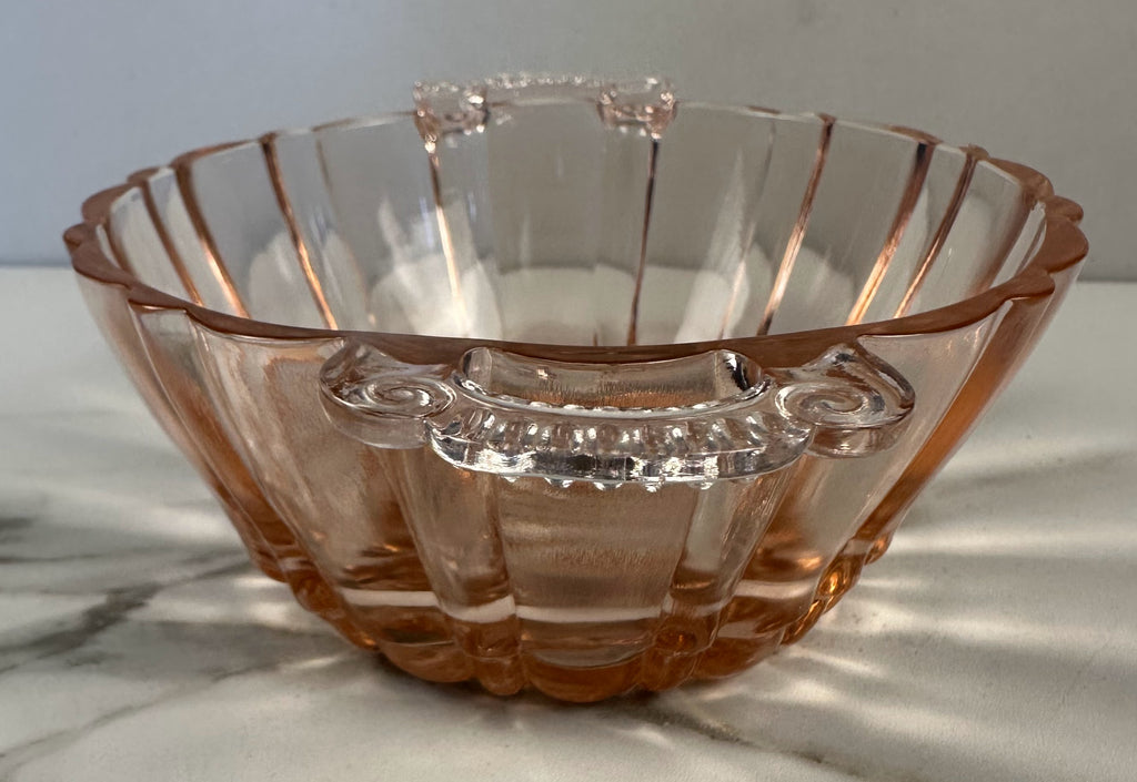 Pink Depression Glass Double Handled Round  Bowl – “Old Cafe” Anchor Hocking Company | Circa 1936-1940