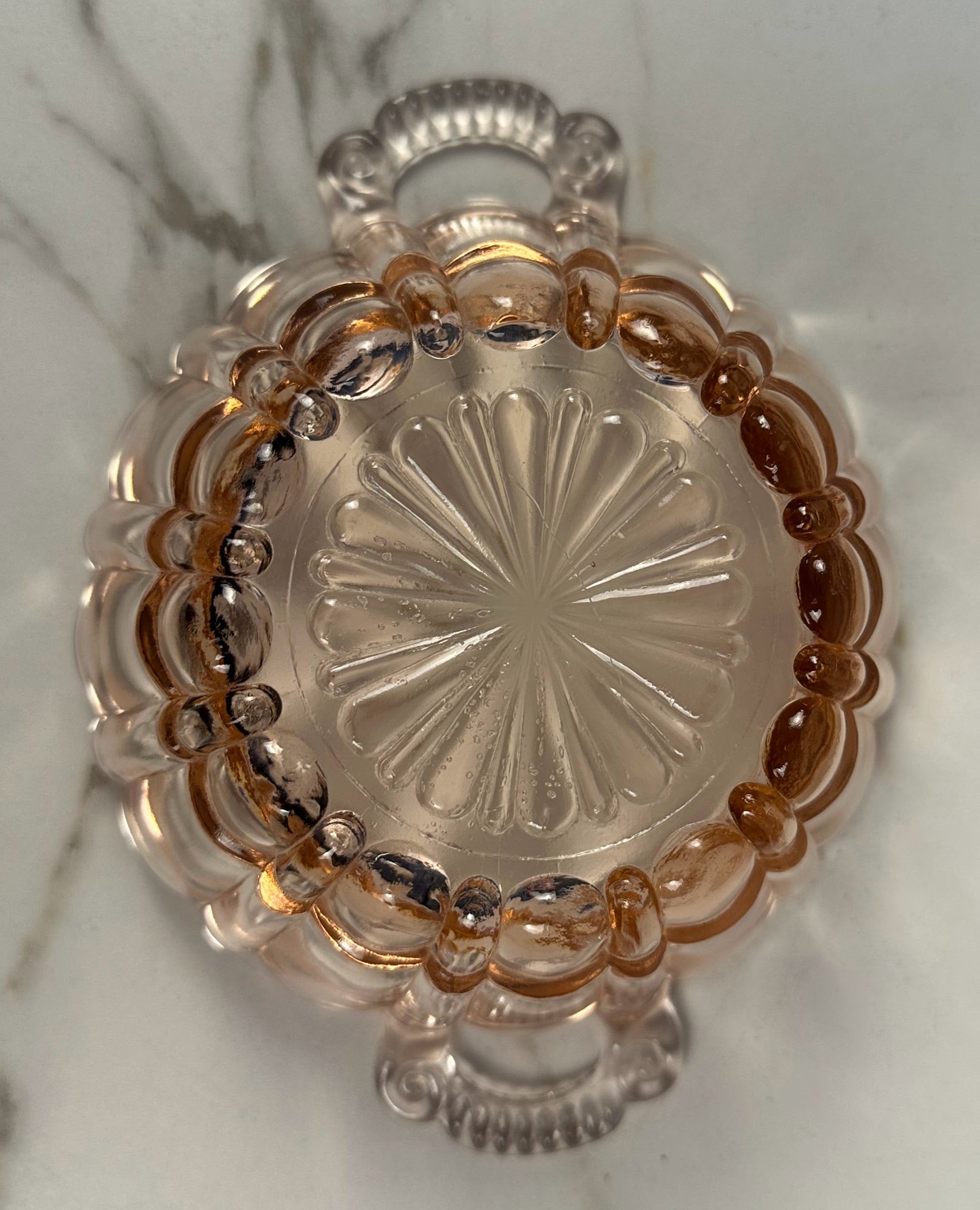 Pink Depression Glass Double Handled Round  Bowl – “Old Cafe” Anchor Hocking Company | Circa 1936-1940