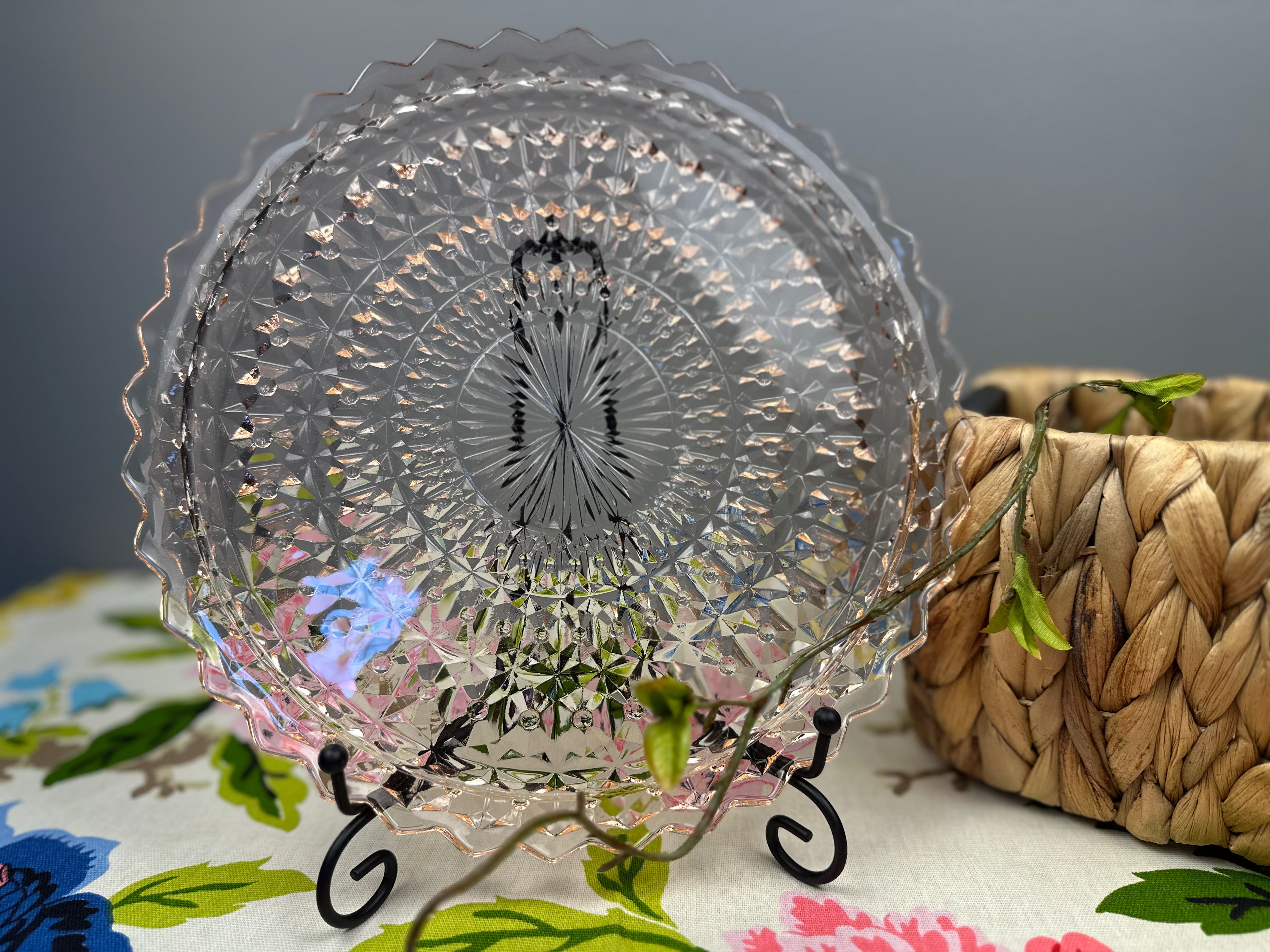 Pink Depression Glass 10 inch Cake Plate  Jeannette  Glass - “Holiday Buttons and Bows”Jeannette Glass | Circa 1947-1949