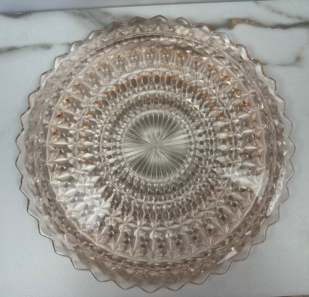 Pink Depression Glass 10 inch Cake Plate  Jeannette  Glass - “Holiday Buttons and Bows”Jeannette Glass | Circa 1947-1949