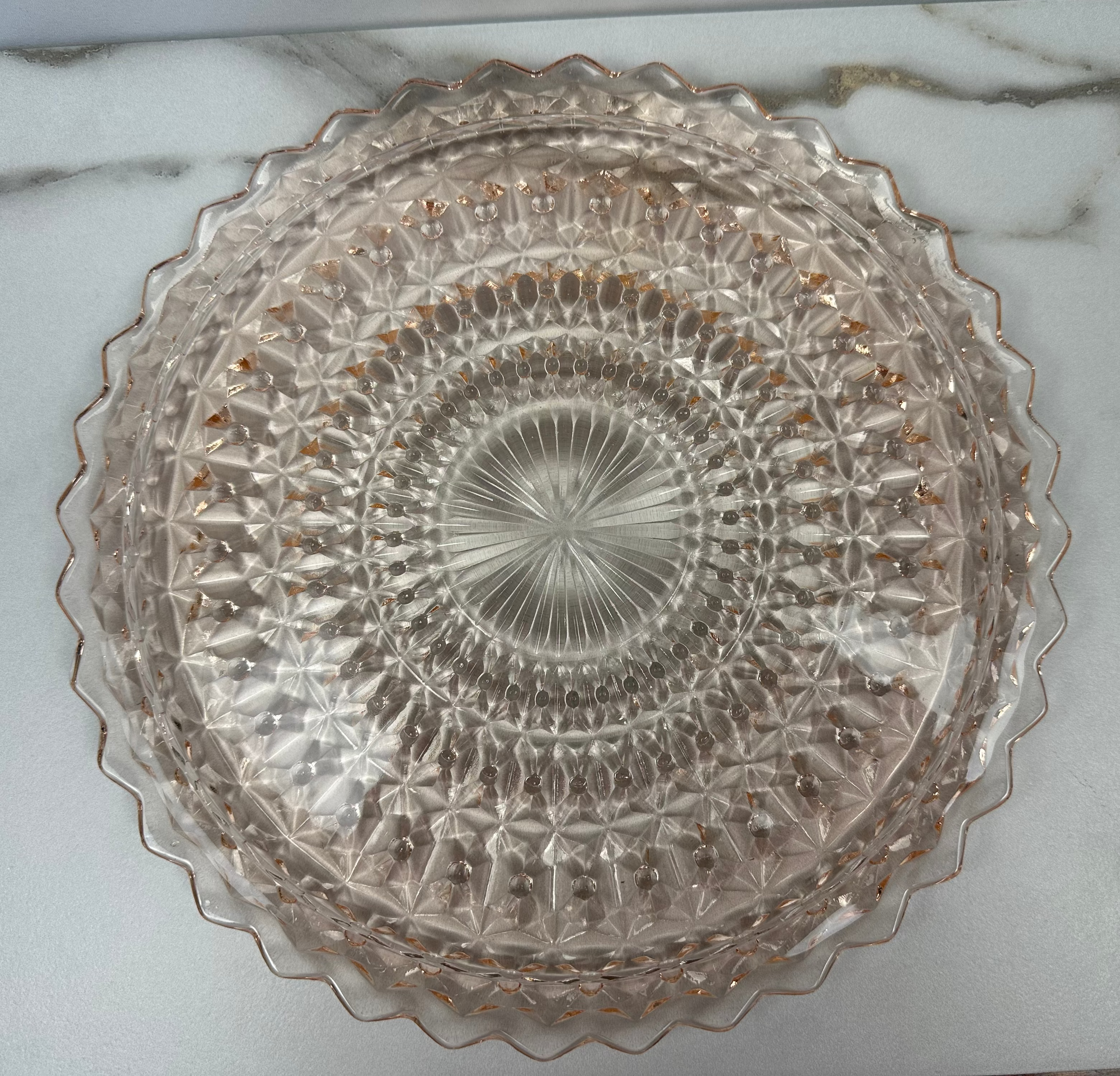 Pink Depression Glass 10 inch Cake Plate  Jeannette  Glass - “Holiday Buttons and Bows”Jeannette Glass | Circa 1947-1949