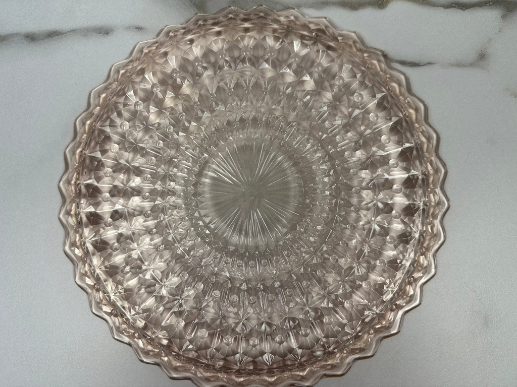 Pink Depression Glass 10 inch Cake Plate  Jeannette  Glass - “Holiday Buttons and Bows”Jeannette Glass | Circa 1947-1949