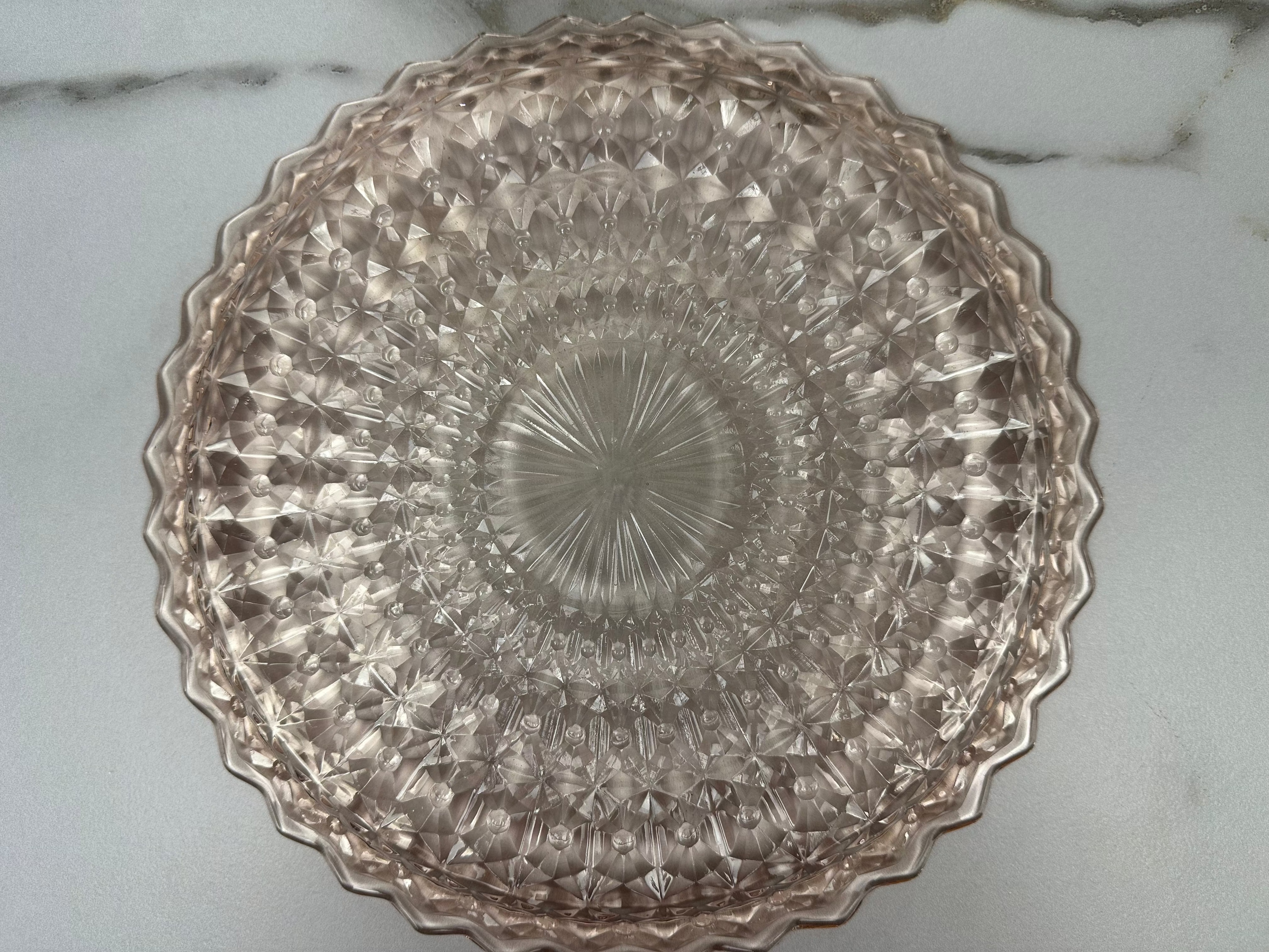 Pink Depression Glass 10 inch Cake Plate  Jeannette  Glass - “Holiday Buttons and Bows”Jeannette Glass | Circa 1947-1949