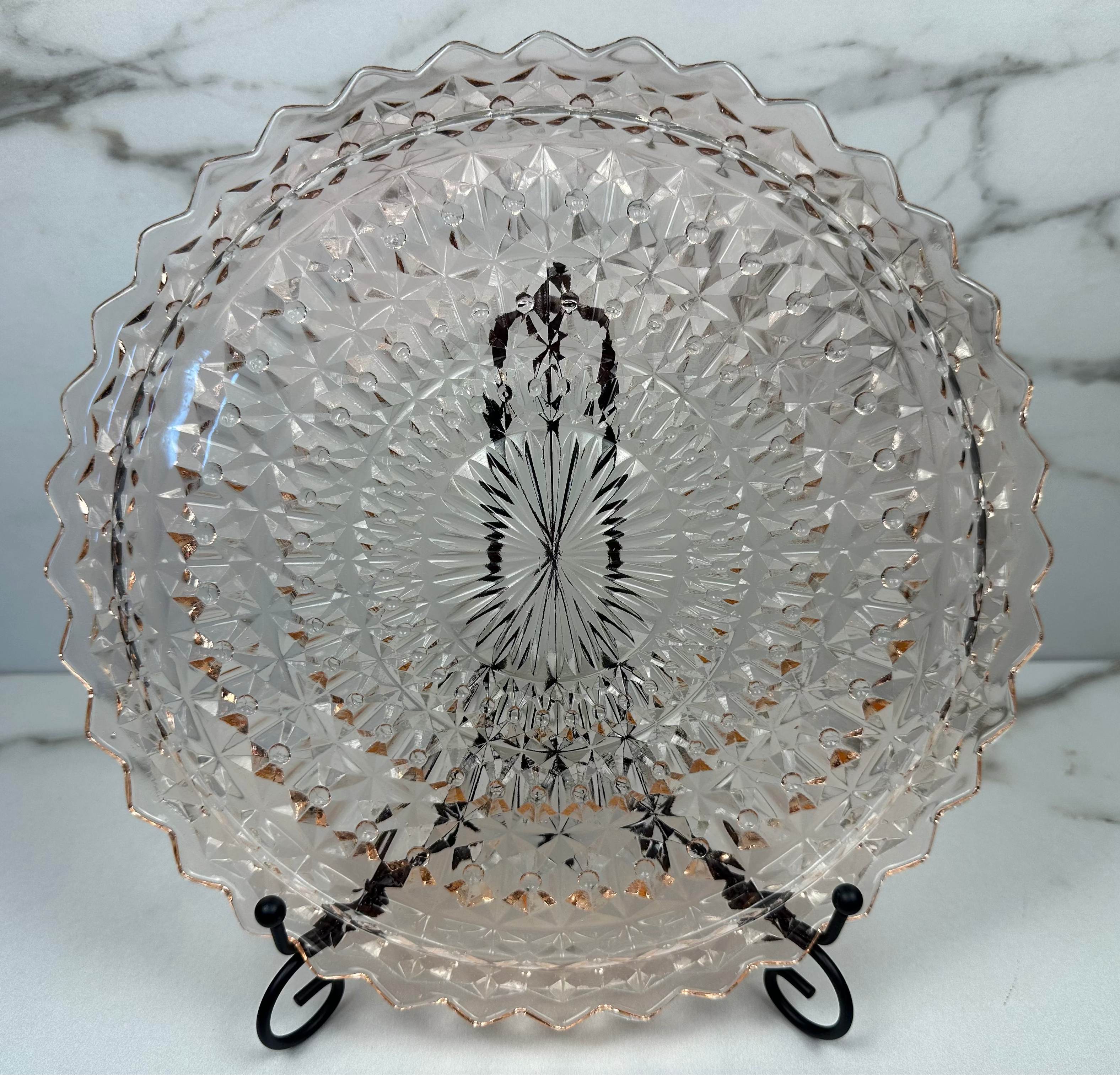 Pink Depression Glass 10 inch Cake Plate  Jeannette  Glass - “Holiday Buttons and Bows”Jeannette Glass | Circa 1947-1949