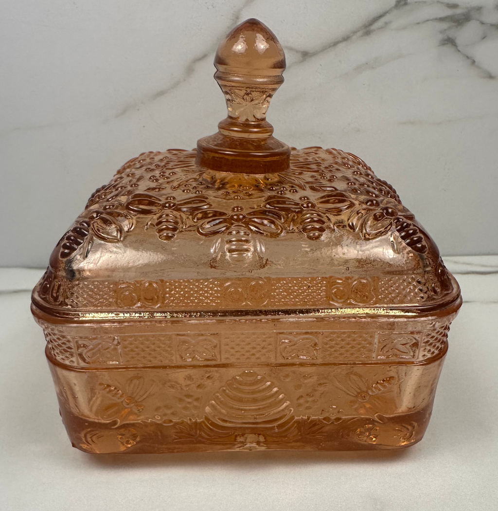 Pink Glass Honey Bee Square Candy Dish - Indiana Glass Company | Circa 1970-1990
