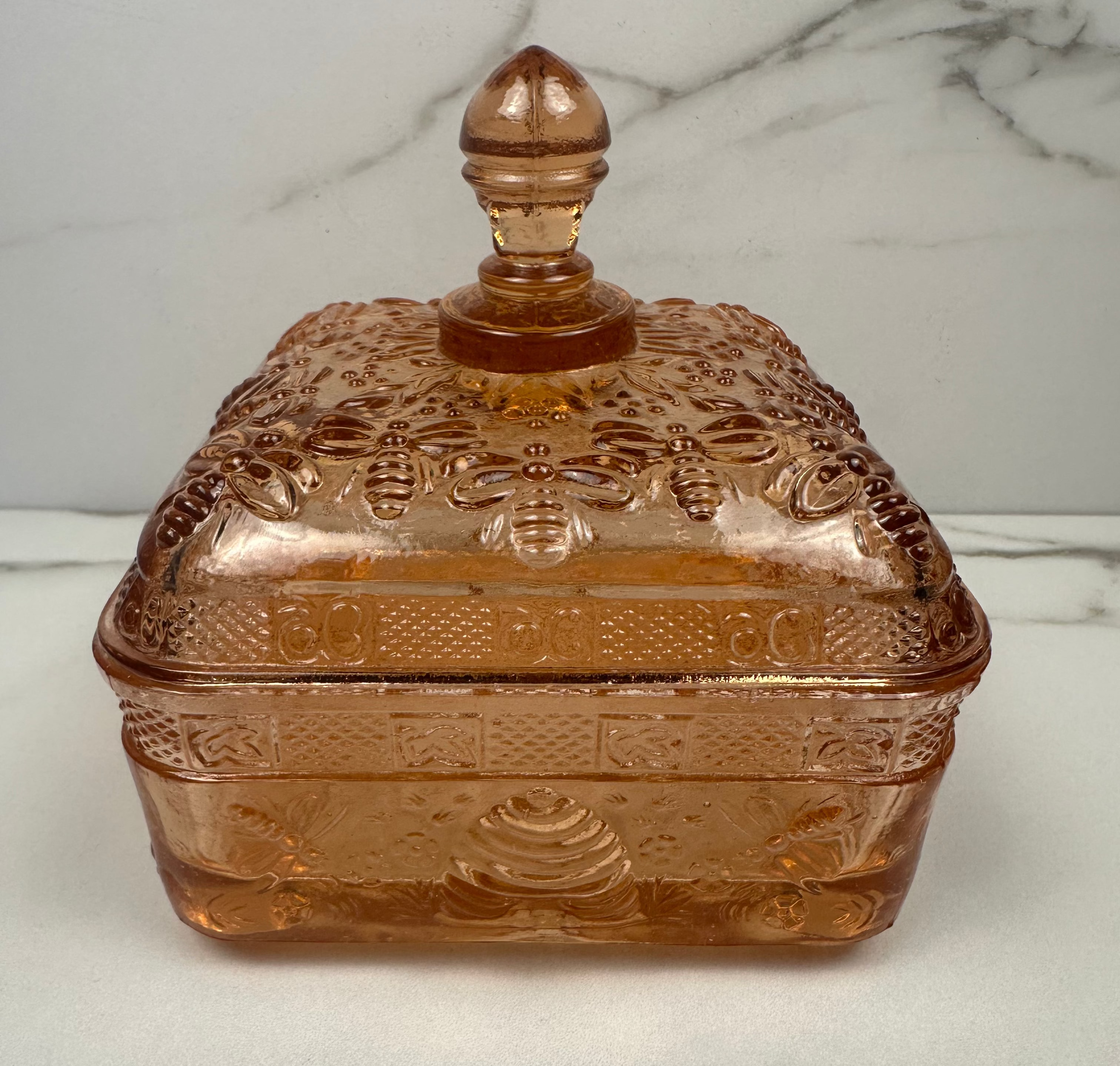 Pink Glass Honey Bee Square Candy Dish - Indiana Glass Company | Circa 1970-1990