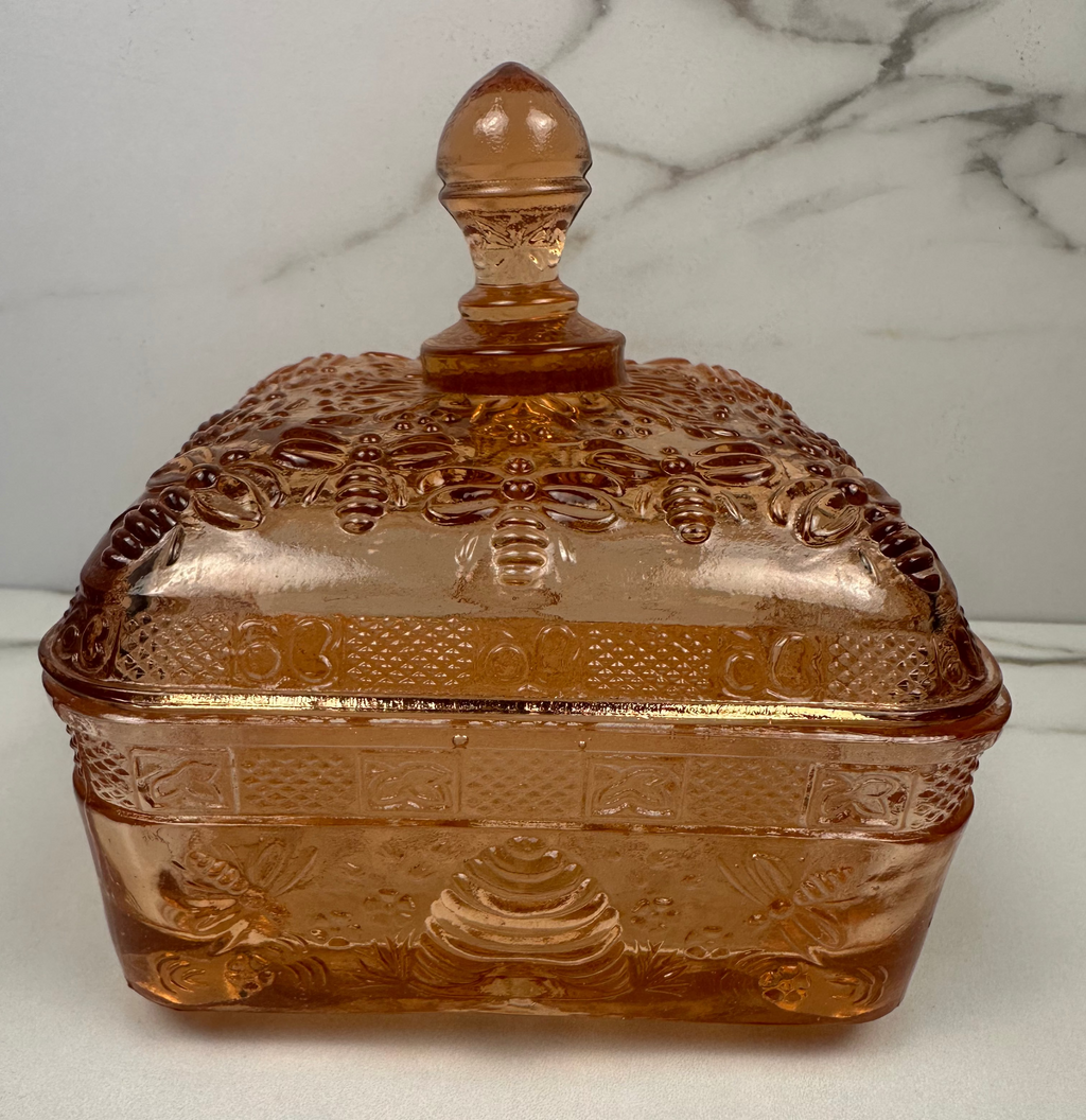 Pink Glass Honey Bee Square Candy Dish - Indiana Glass Company | Circa 1970-1990